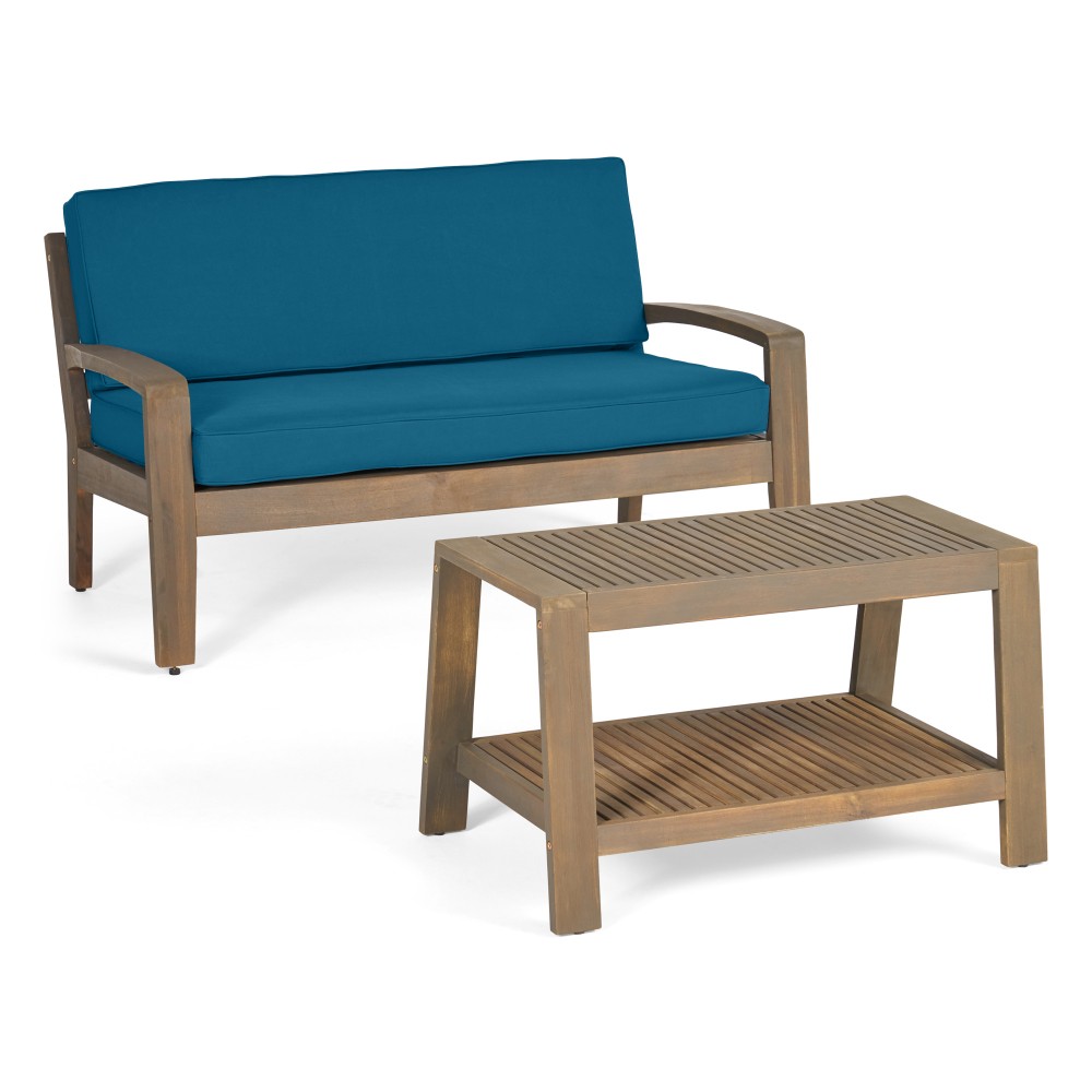 Acacia Wood Outdoor Loveseat Set w/ Coffee Table & Dark Blue Cushions, Seats 2