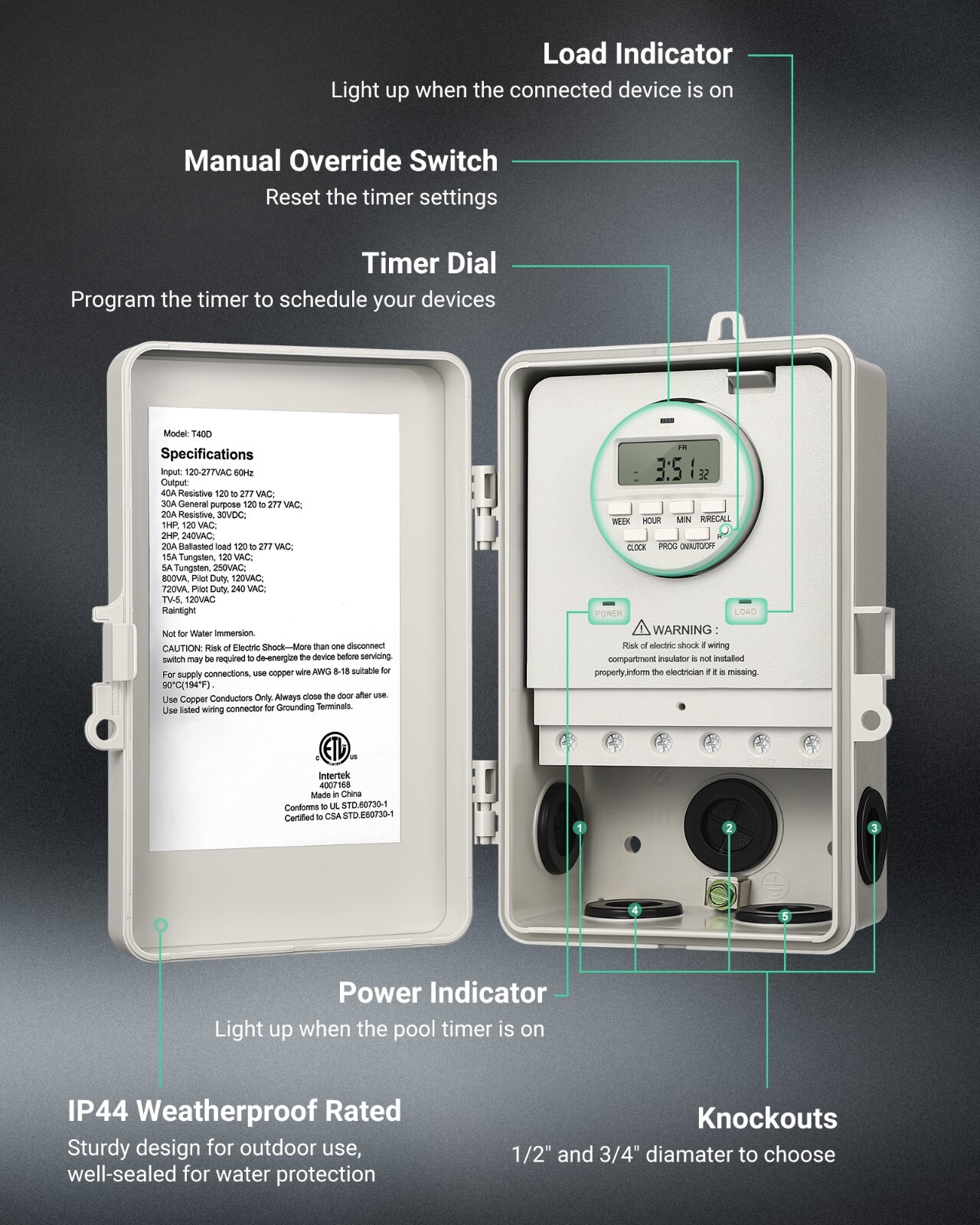 DEWENWIL Pool Pump Timer, Outdoor Digital Timer Box Heavy Duty 7Day Programmable