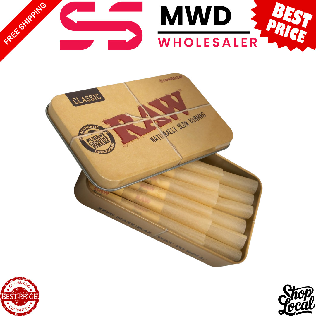 RAW Mini Dogwalker Single Size 70/26 Pre-Rolled Cones in RAW Metal Tin | 20 pk