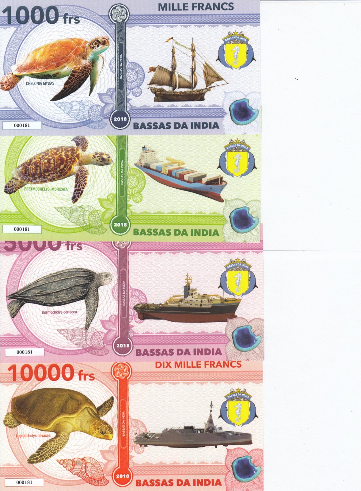 BASSAS DA INDIA (French) Set 4 unusual/fantasy notes 1000 2000 5000 10000 2018