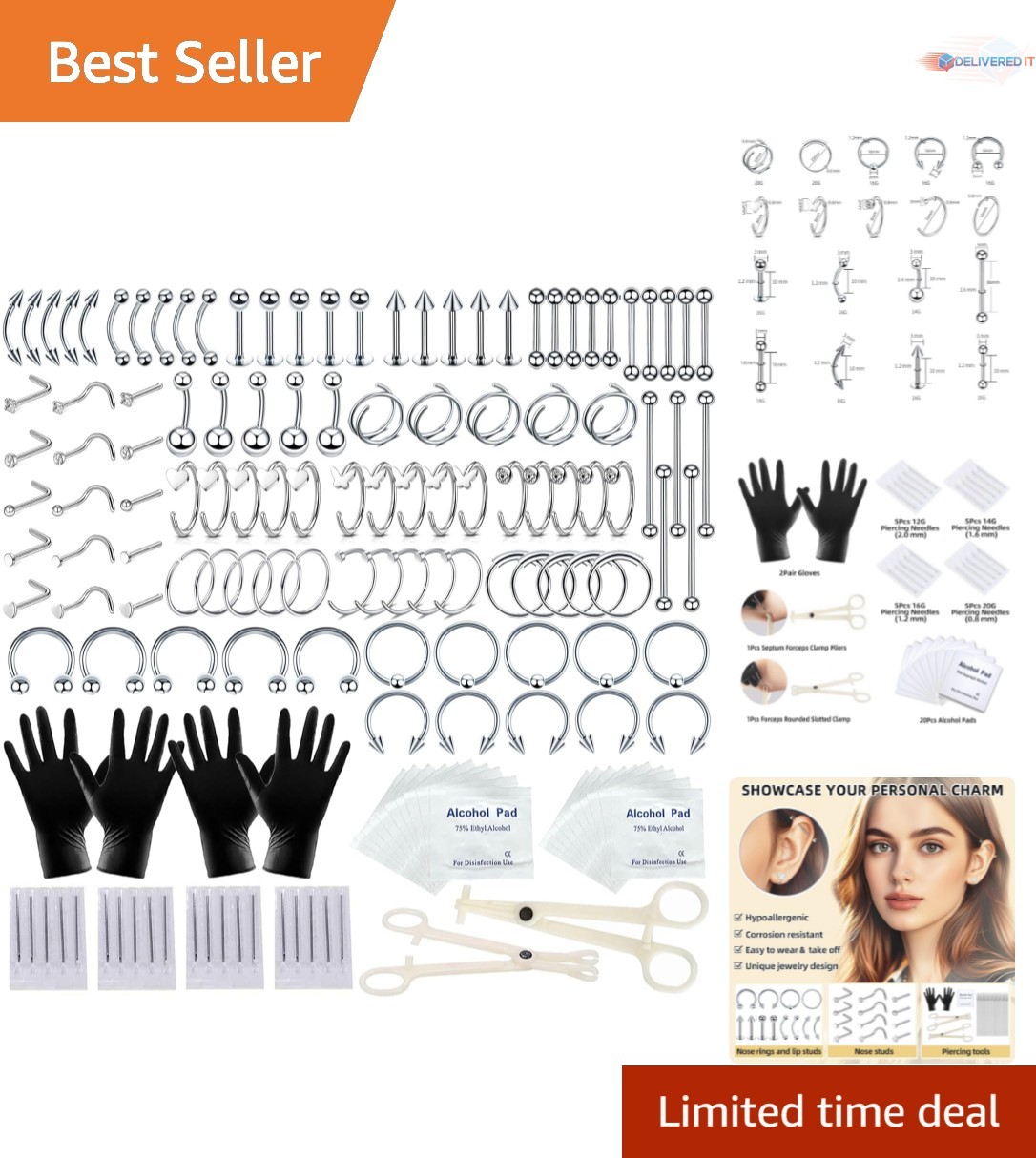 154PCS Body Piercing Kit Stainless Steel Ear Nose Septum Cartilage Jewelry