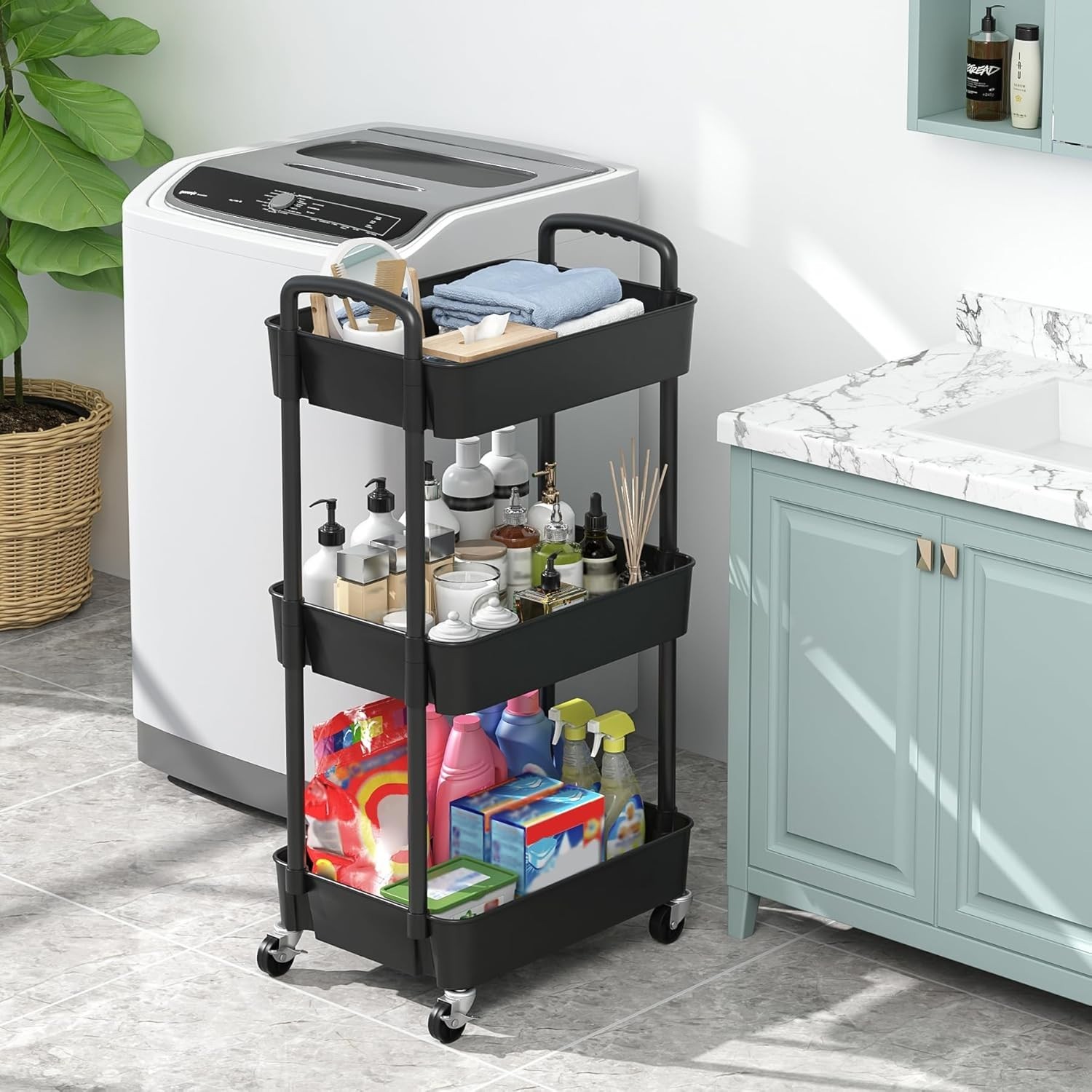 Sleek Mobile Organizer: 3-Tier Utility Cart with Easy Assembly & Locking Wheels