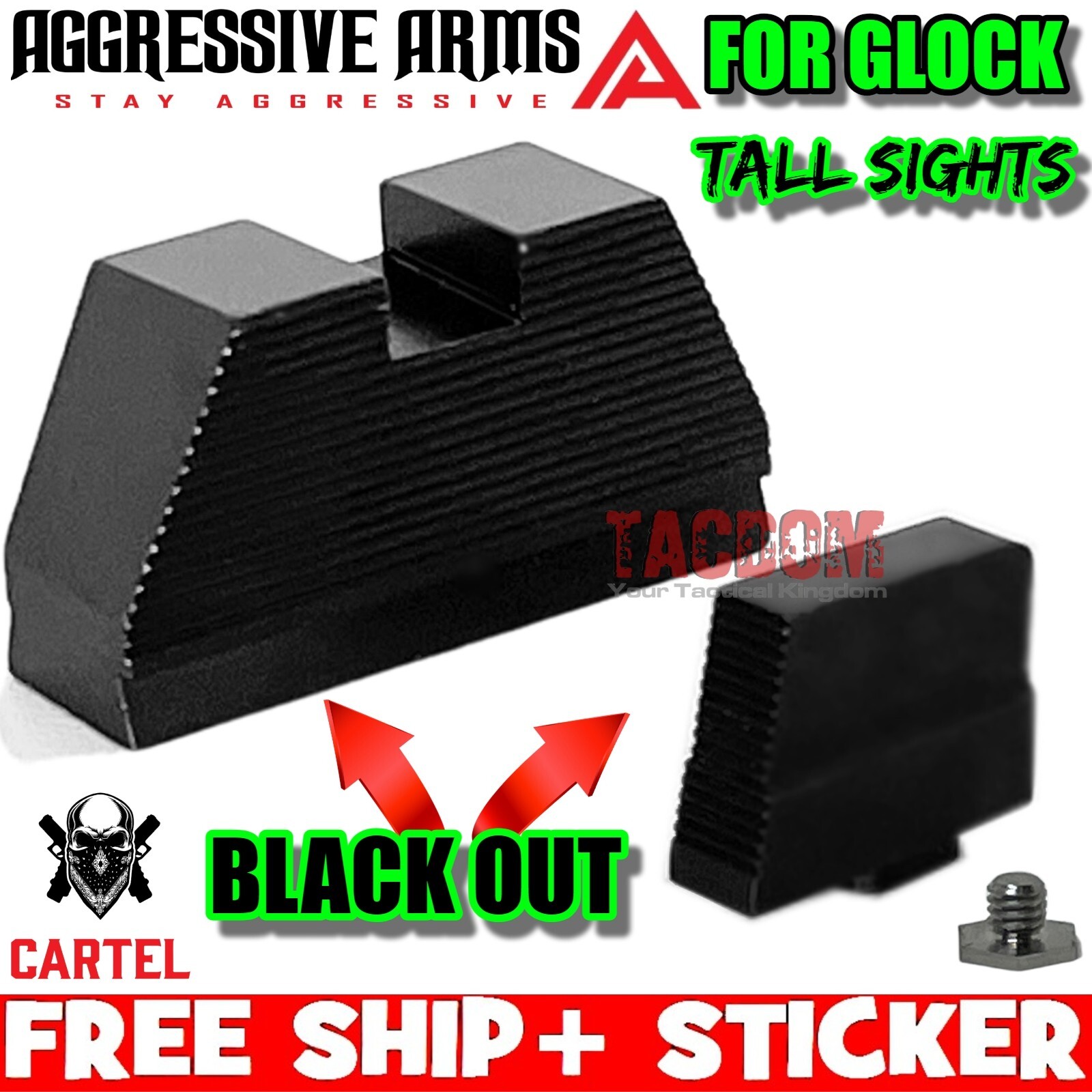 AGGRESSIVE ARMS STEEL Suppressor BLACKOUT TALL Height Sights fr GLOCK CO-WITNESS