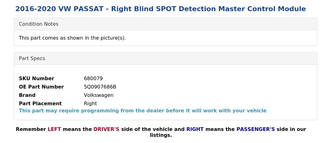 2016-2020 VW PASSAT - Right Blind SPOT Detection Master Control Module