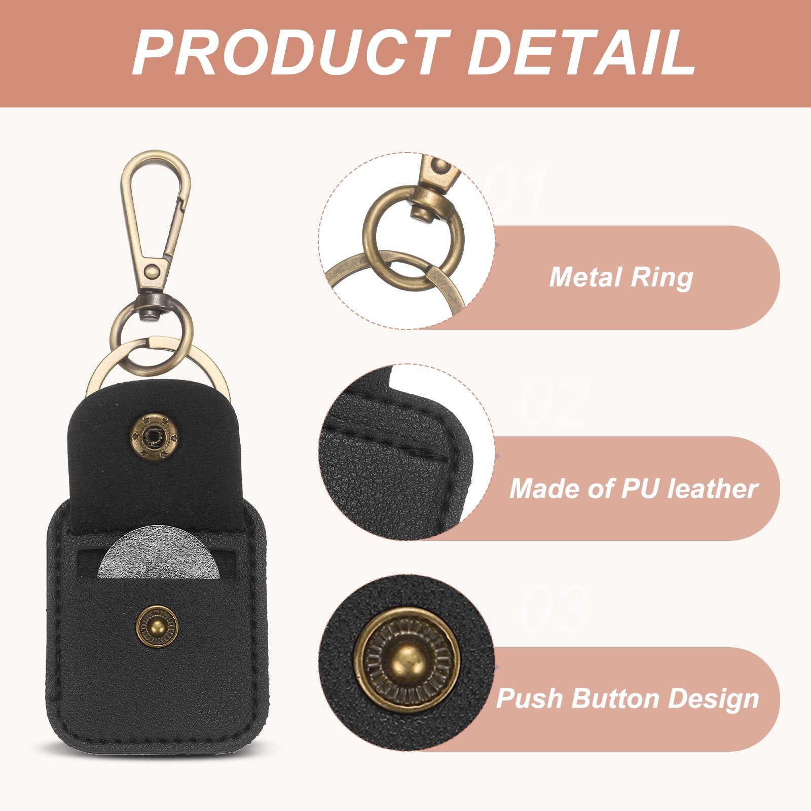 Quarter Leather Keychain, PU Leather Key Ring Coin Case, Black
