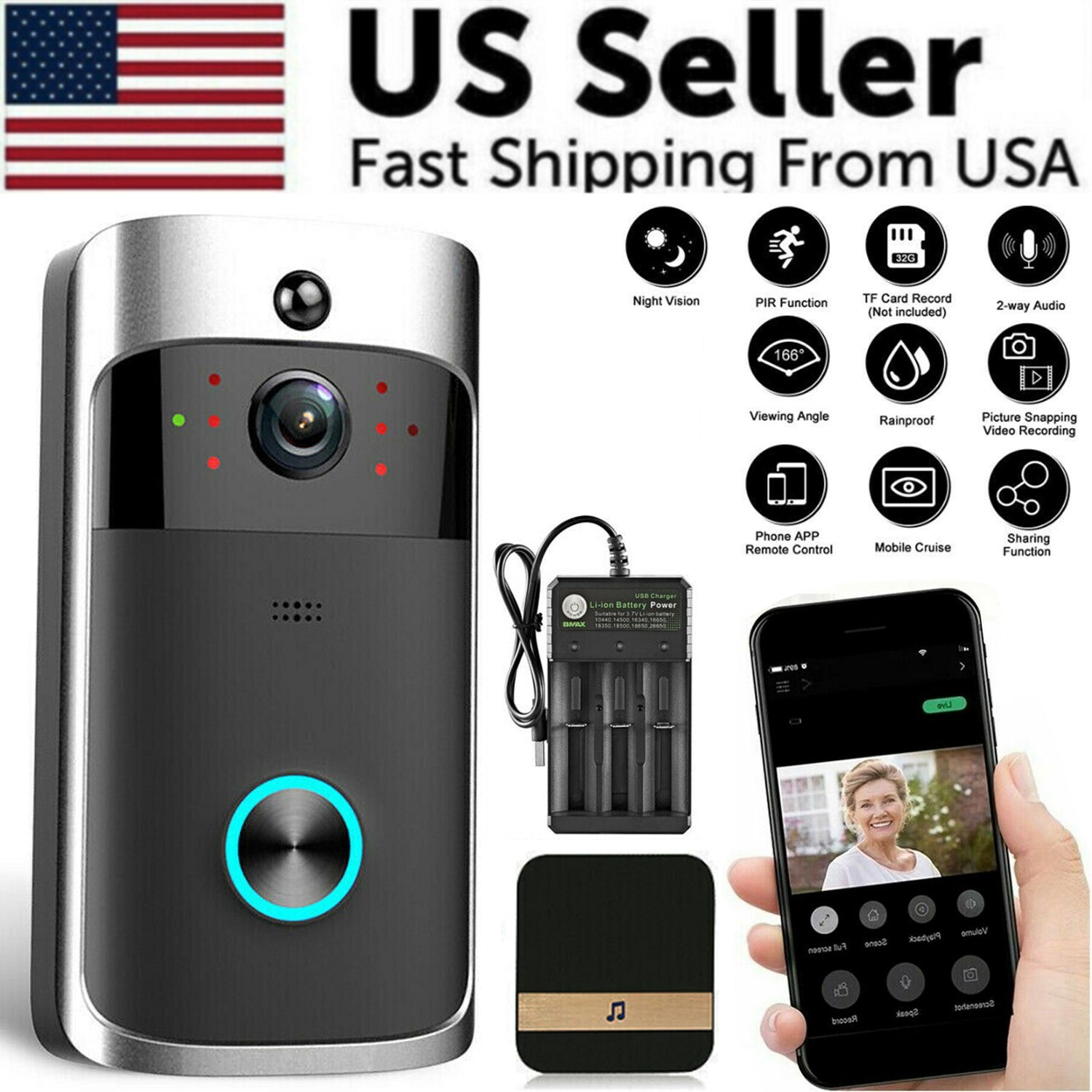 Smart Wireless WiFi Video Doorbell Phone Door Ring Intercom Security Camera Bell