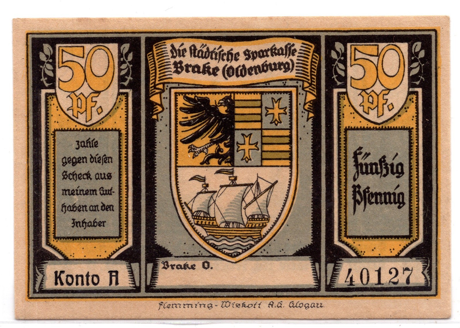 1922 Germany Brake Notgeld 50 Pfennig Note (2761)