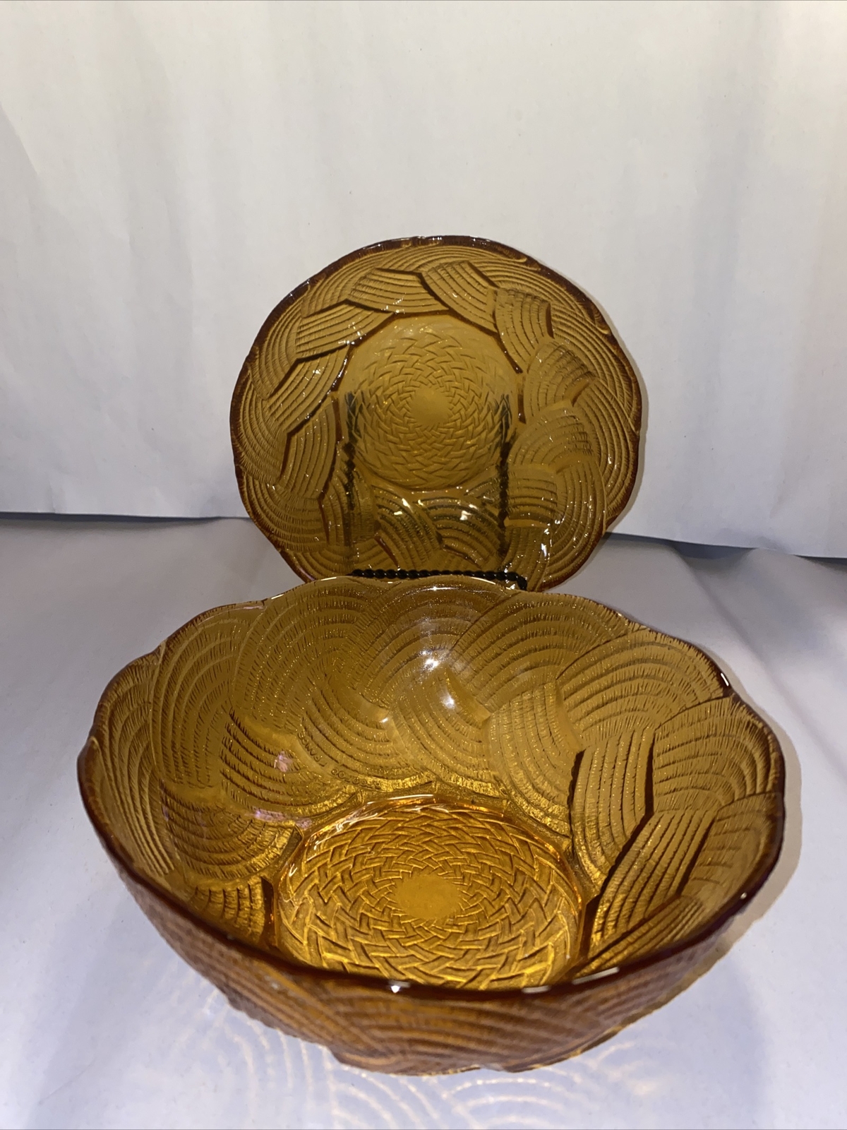 Vintage Amber Glass Small 7" Serving Dish Bowl Textured Swirl Pattern - Set of 2
