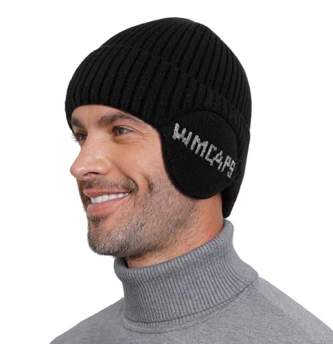 Fleece Line Beanie with Earflap,Winter Knitted Hat for Men Women Black