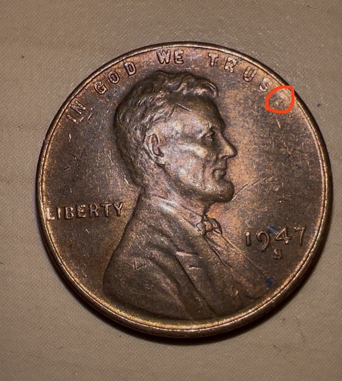 1947-S Lincoln Wheat Cent Penny with Error Missing T in “Trust”