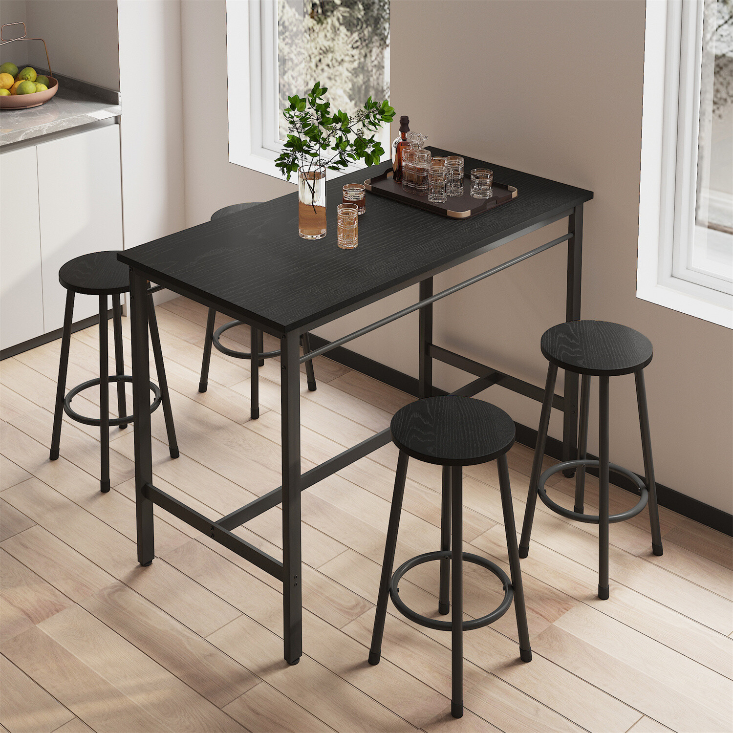 3/5 Piece Bar Table Set Counter Height Kitchen Dining Pub Table with Bar Stools
