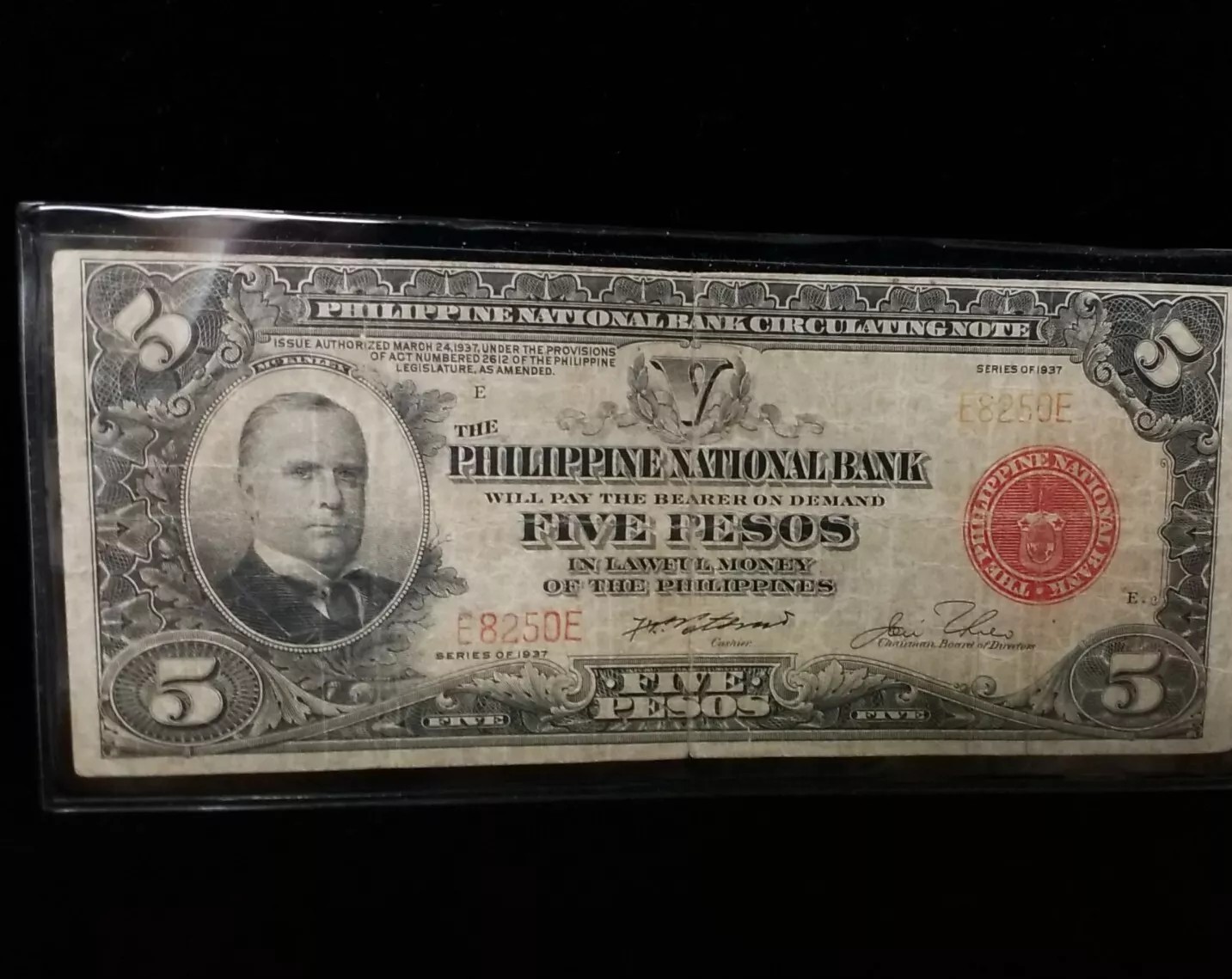 1937 5 Pesos Philippine National Bank Circulating Note LOW Serial# E8250E #N016