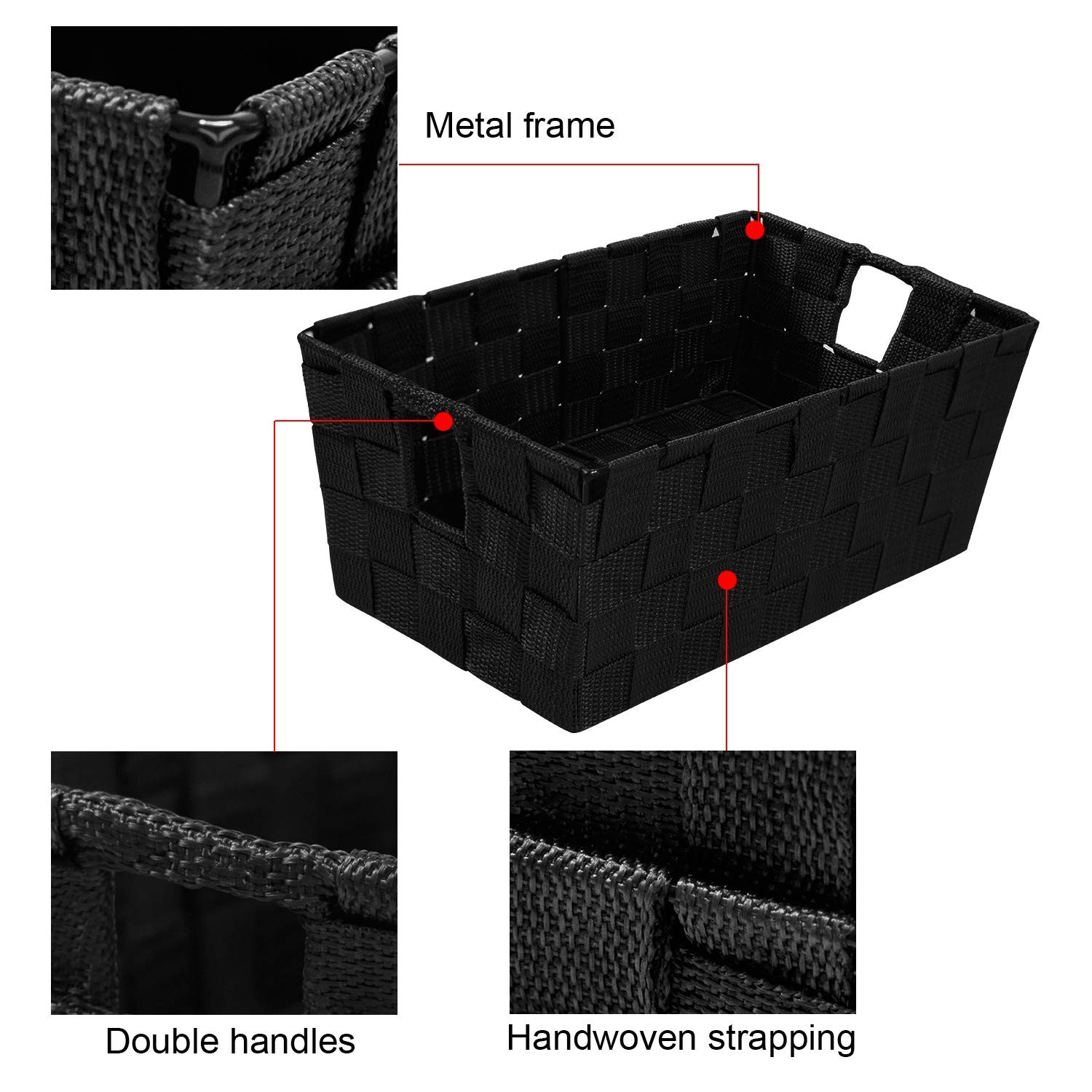 Woven Black Storage Baskets Shelf Tote Boxes 3 Pack, Strap