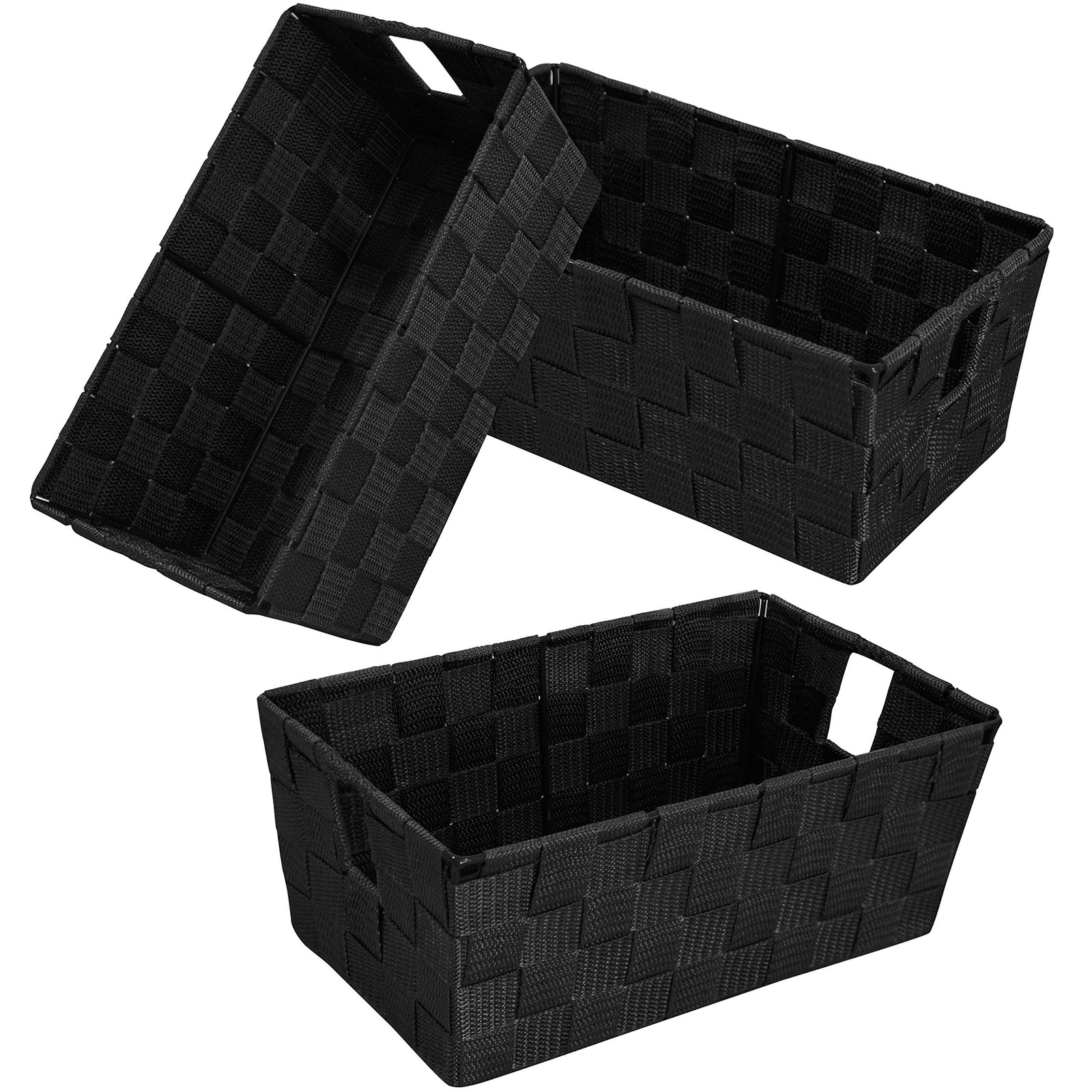 Woven Black Storage Baskets Shelf Tote Boxes 3 Pack, Strap