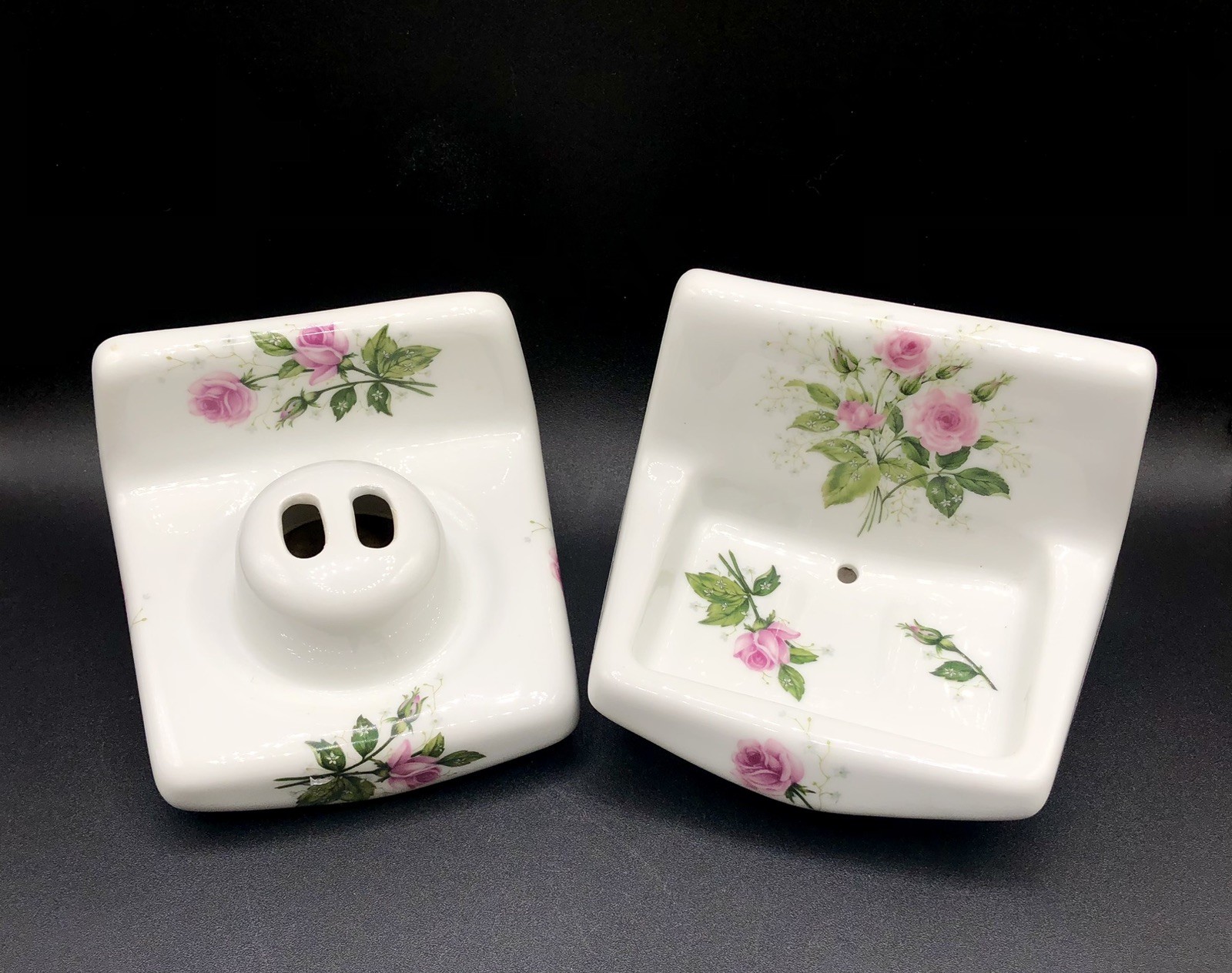 Vtg Limoges France Pink Rose Porcelain Bathroom Wall Soap & Toothbrush Holders