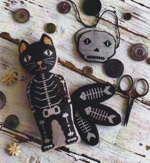 Bones Cross Stitch Pattern Farm Pin Cushion Sampler Seasons Primitive Halloween