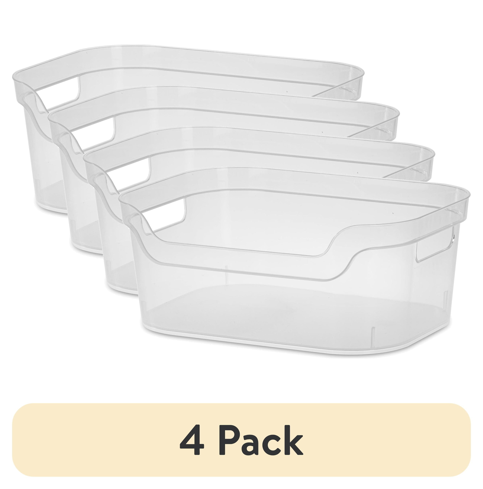 (4 pack)  Medium Open Bin, Clear Plastic, Easy Access Bin with Scoop Front