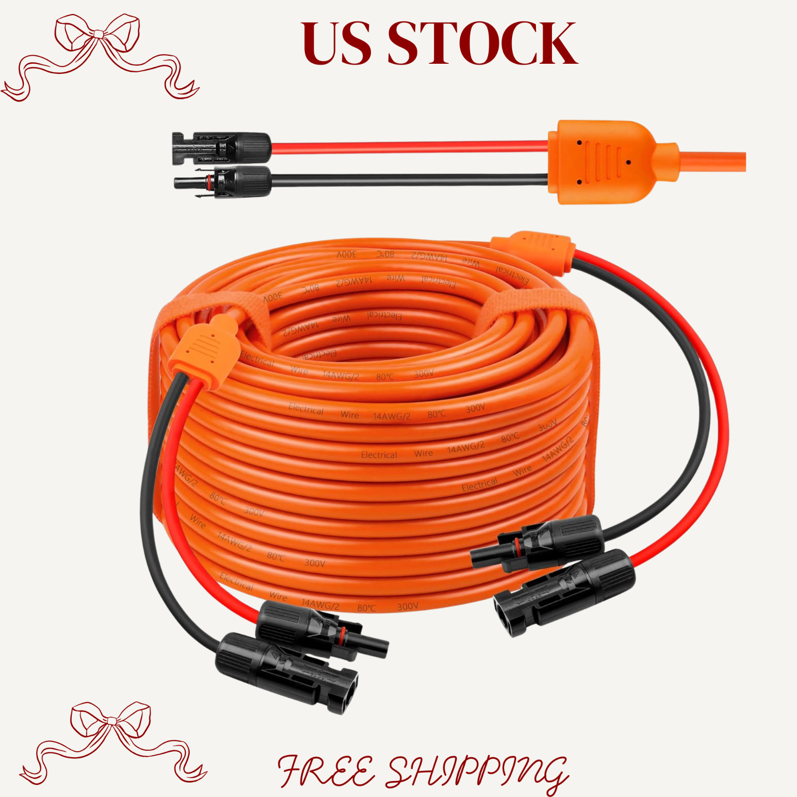 100FT Solar Panel Extension Cable - 10AWG/14AWG IP68 Waterproof Wire Set