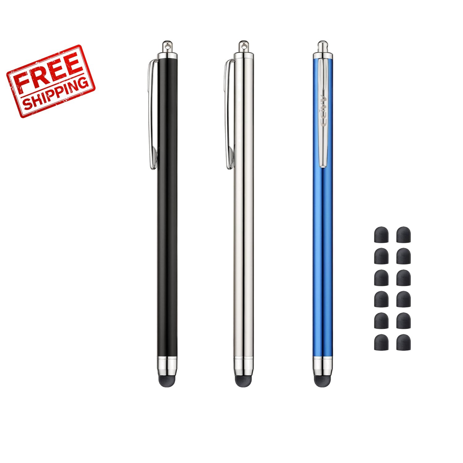 Elegant Touch Screen Stylus Pens - 3-Pc Set with 12 Extra Rubber Tips Included