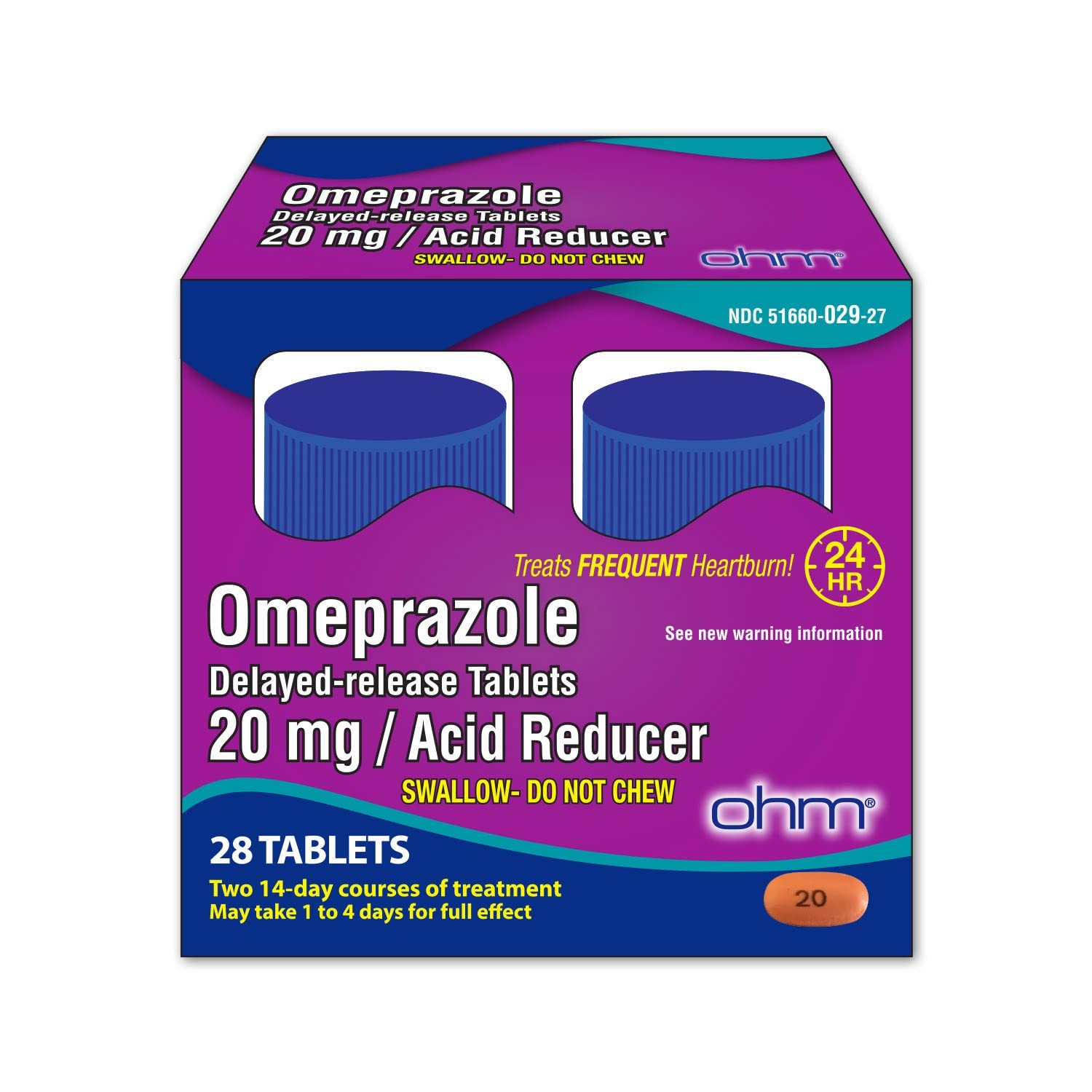 Ohm Omeprazole Delayed-Release Tablets, 20mg 28 Count, Brown (Brownish Pink)
