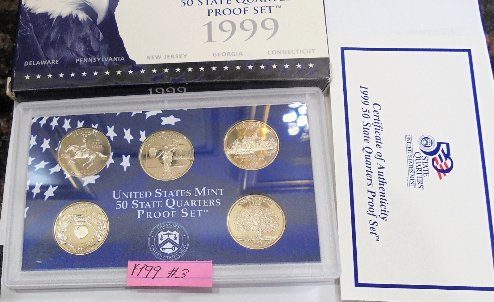 1999 s Clad Proof 5 Coin Set State Quarters in Mint Plastic Case w/Box , COA # 3