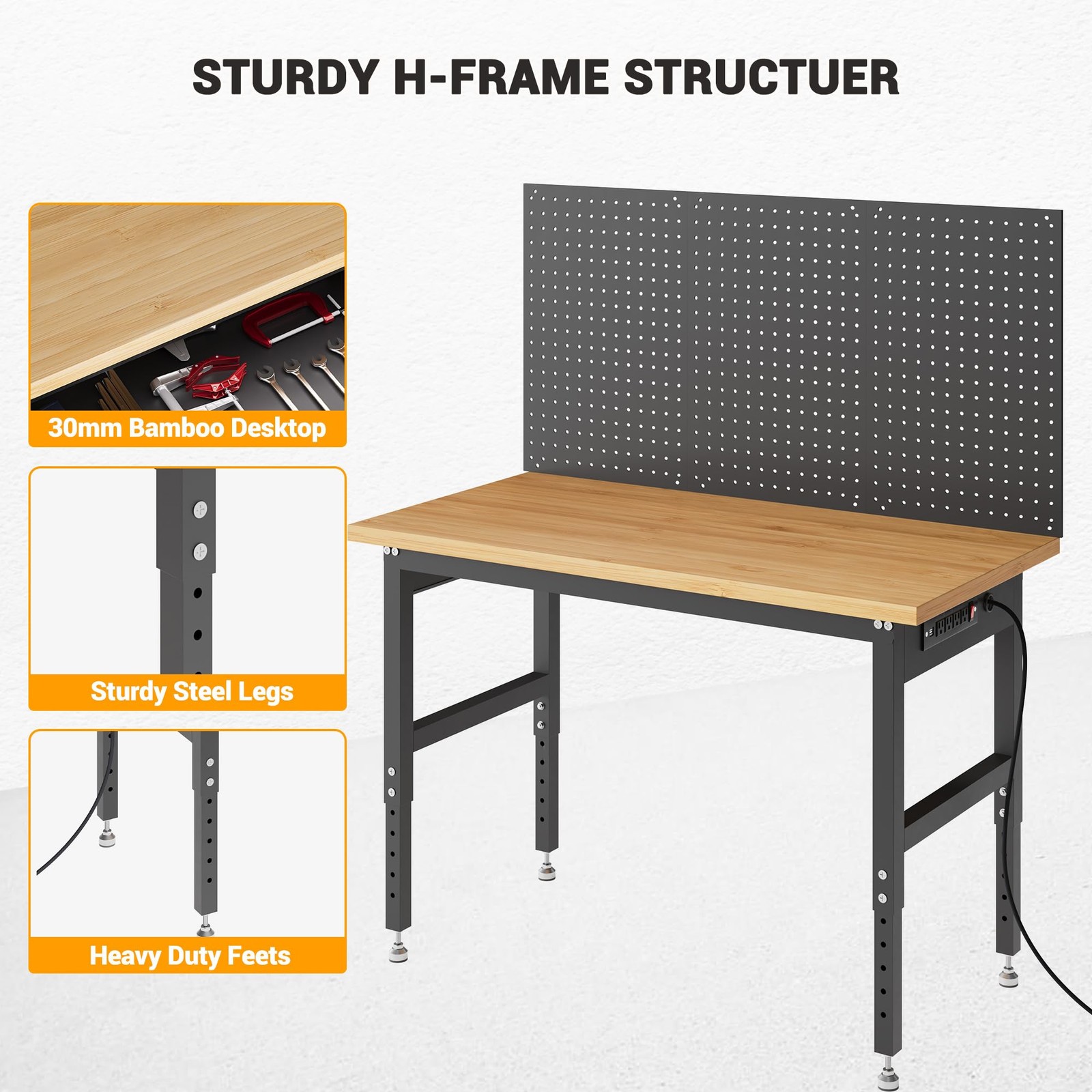 48" Garage Workbench with Pegboard Wall 2000lbs Table 28-40" Adjustable Height
