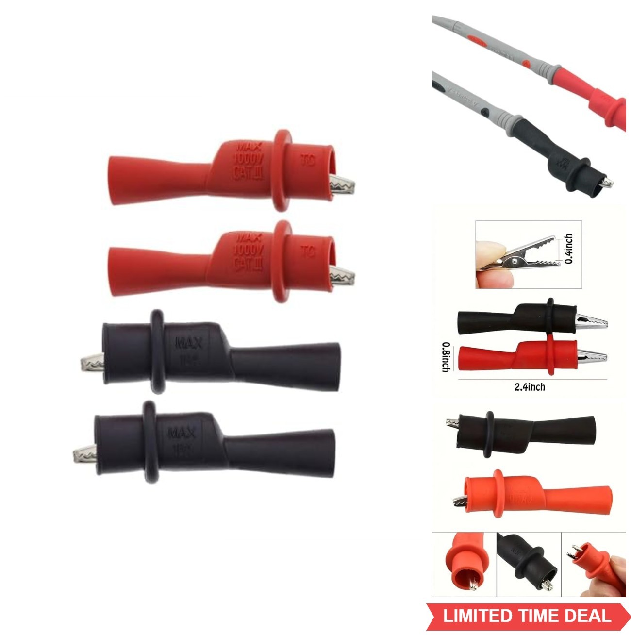 Push-On Alligator Clips for Multimeter Test Lead 4 Pcs Insulated Rubber Boot