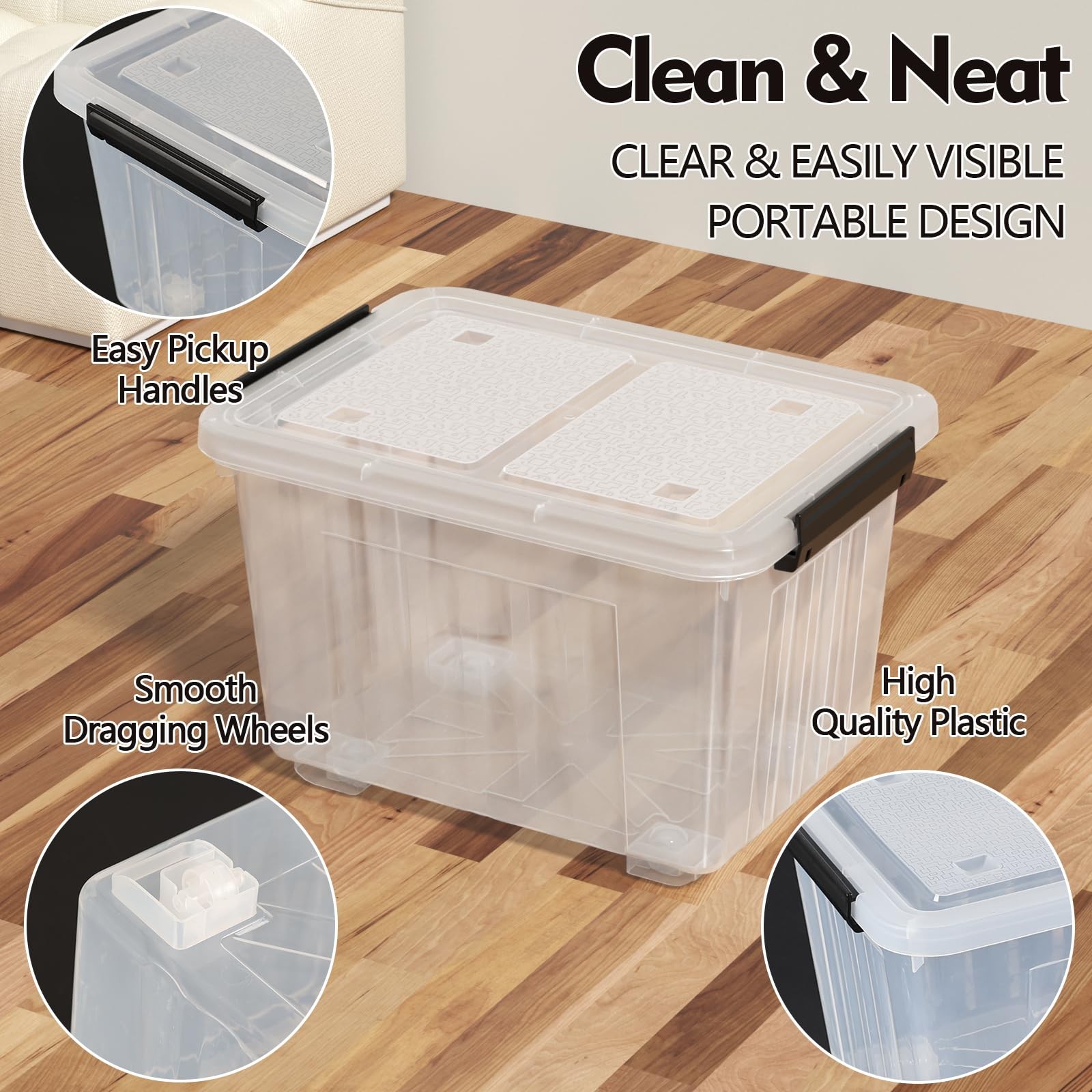 30 Qt Clear Wheeled Storage Bins with Latching Lids, Latching Box