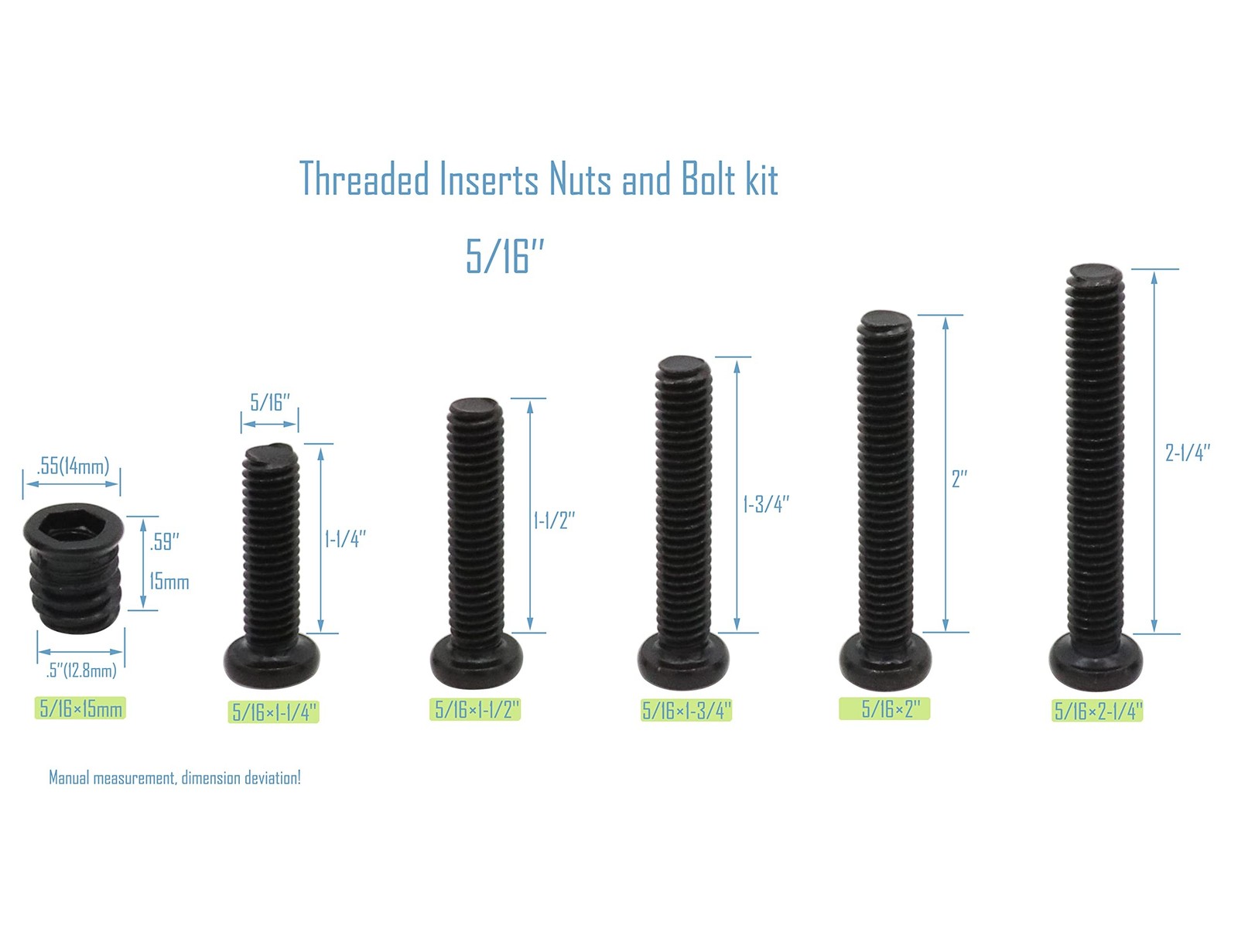 LBY 25 Sets Threaded Insert Nuts and Bolt Assortment Kit, 5/16-18 × 15mm Th