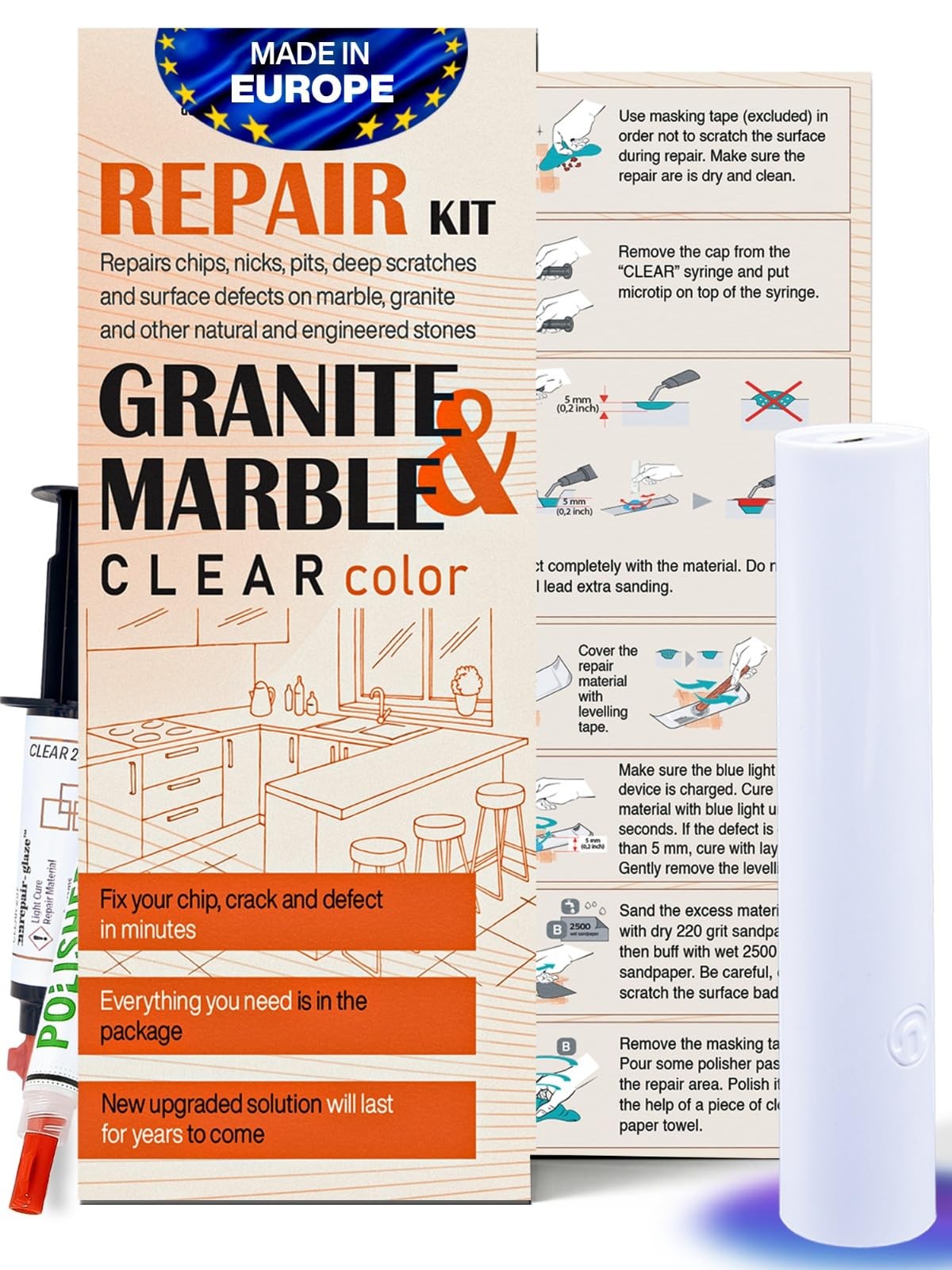 Granite Countertop Repair Kit (Clear Color + Polisher) - Made by Clear