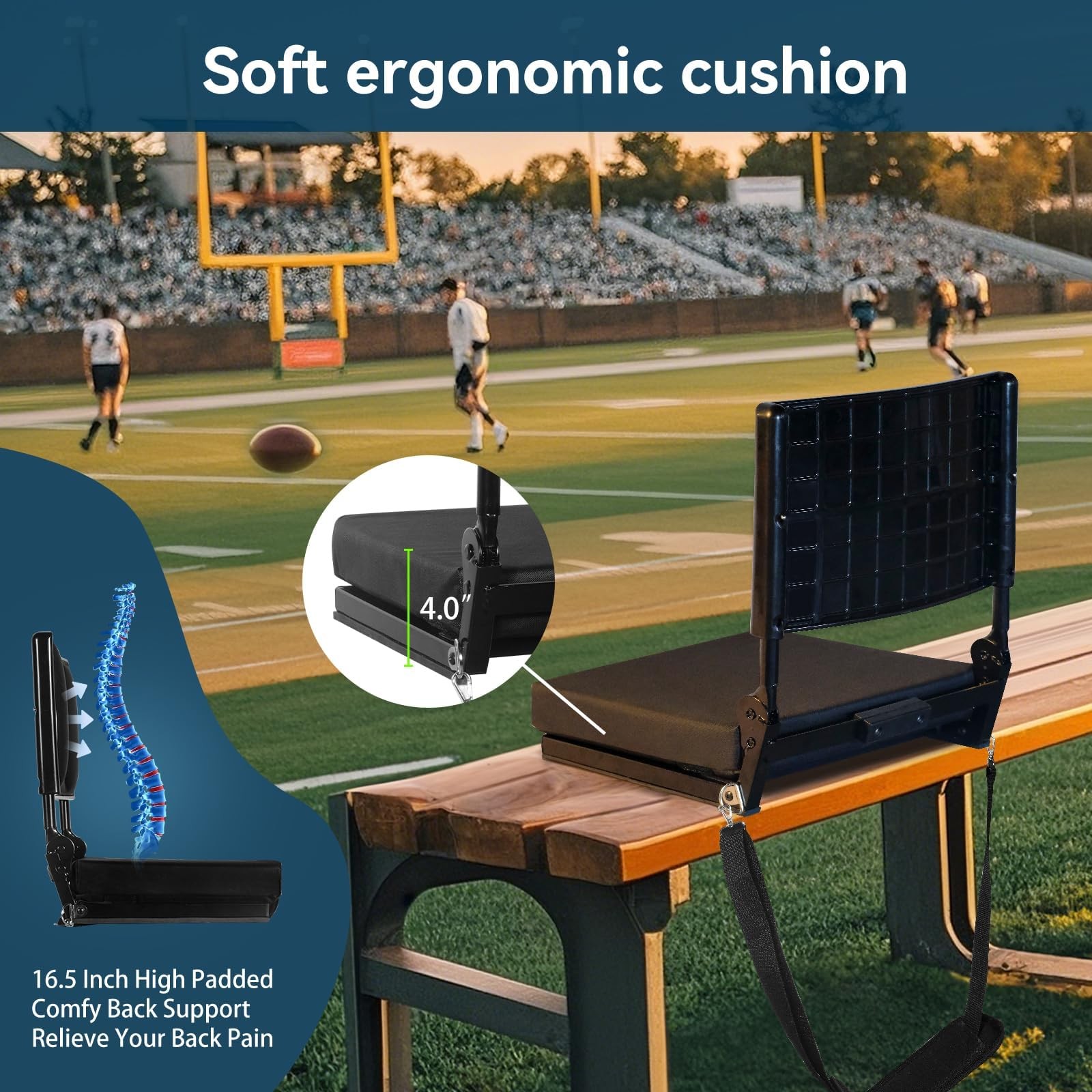 Extra Wide Stadium Seat with Back Support | Adjustable High Back & Thick Padd...