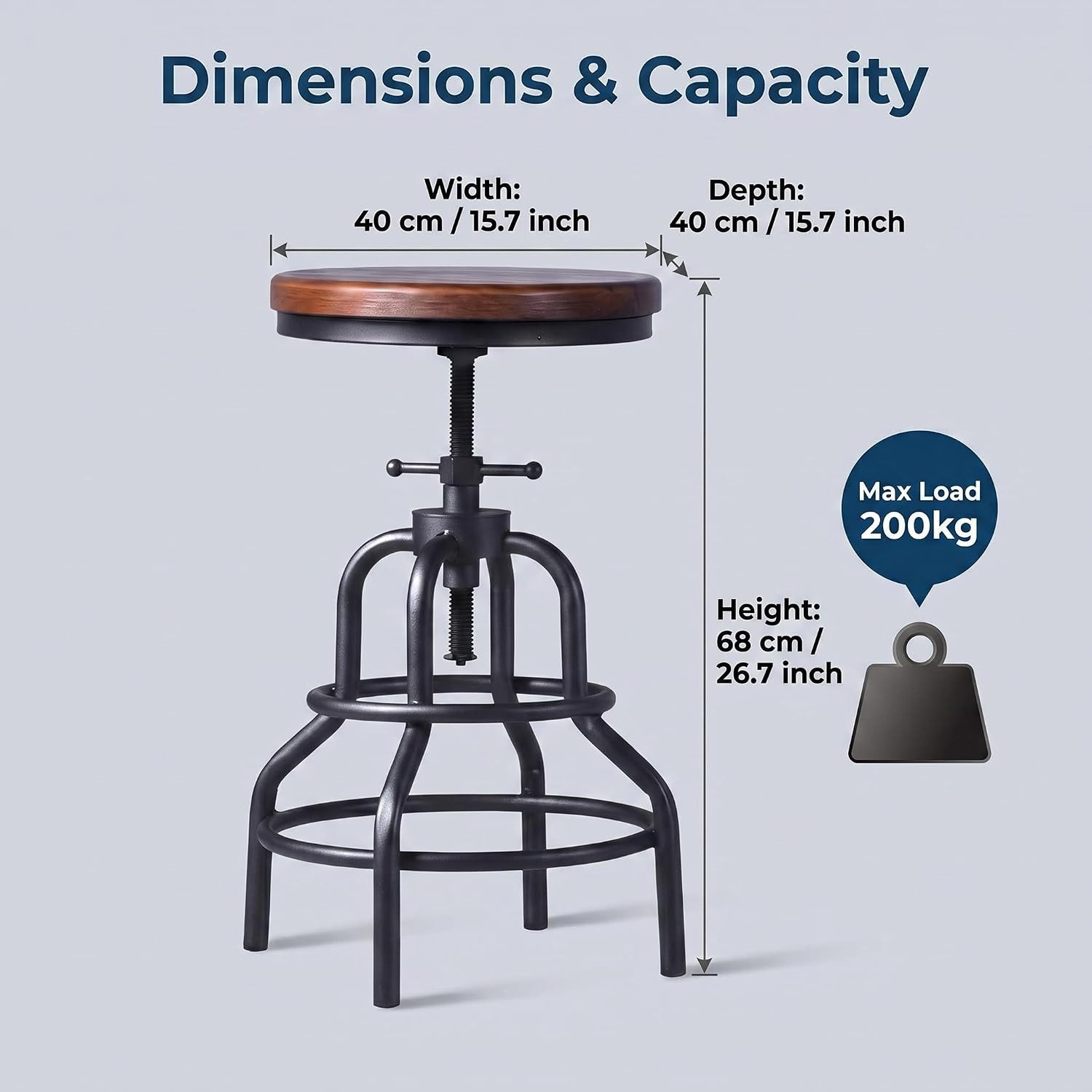 Industrial Bar Stools, Screw Twist Height Adjustable Counter Stool with round So