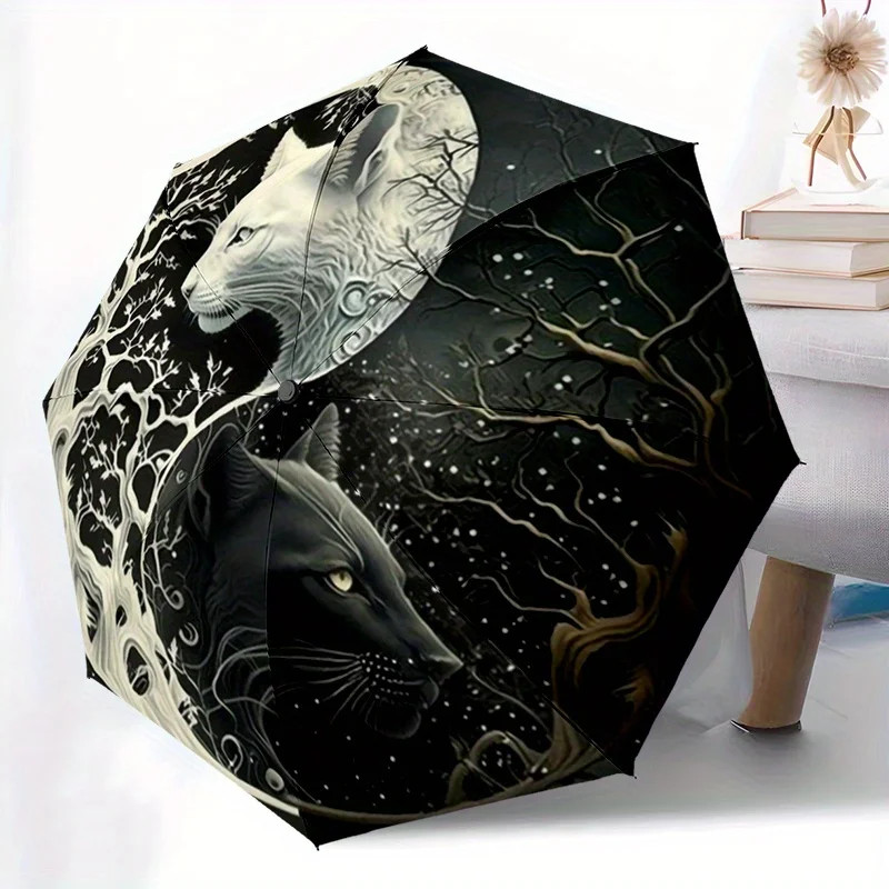 Yin Yang Cats with Intricate Tree Patterns - A folding umbrella with 8 iron ribs