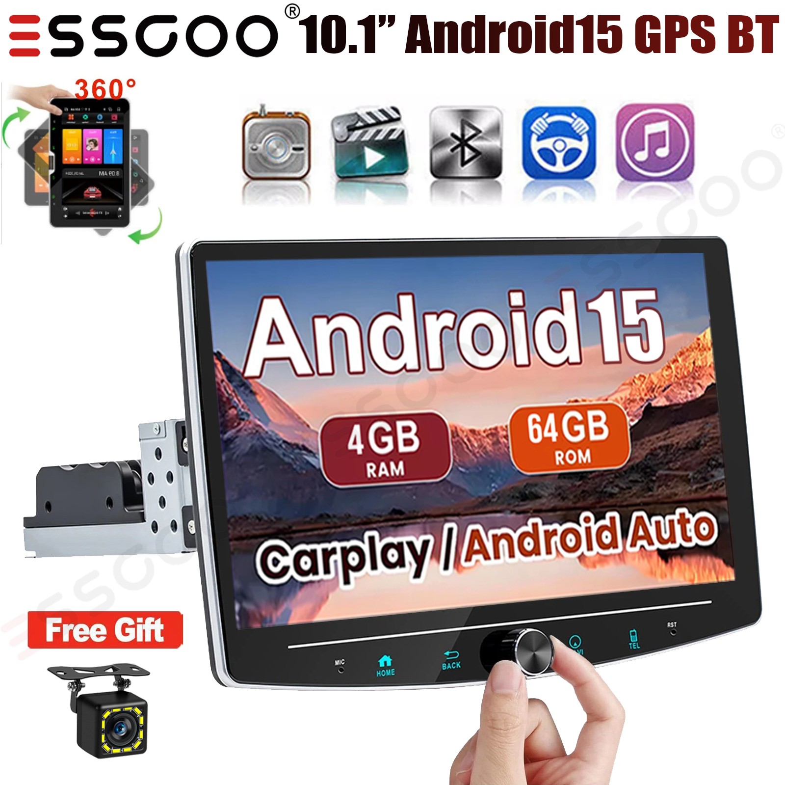 10" Single DIN Android15 Car Stereo Radio 4+64G Carplay GPS Rotatable Screen+CAM