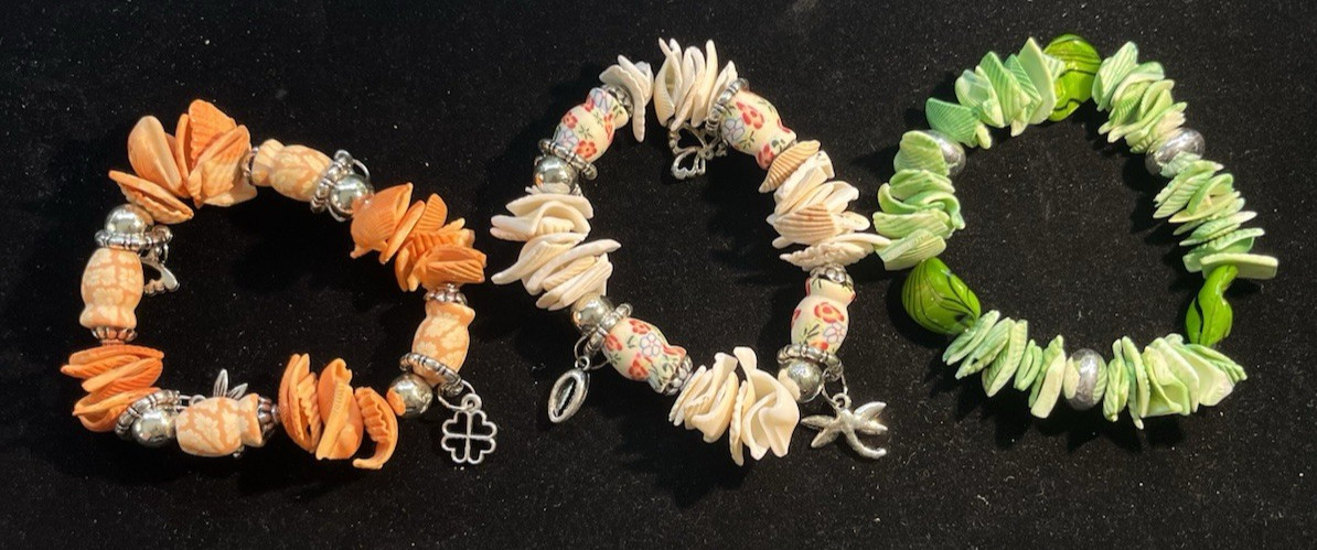 H420~ 3 Colorful Shell Bead & Silver Stretch Bracelets Anklet Beach Green Orange