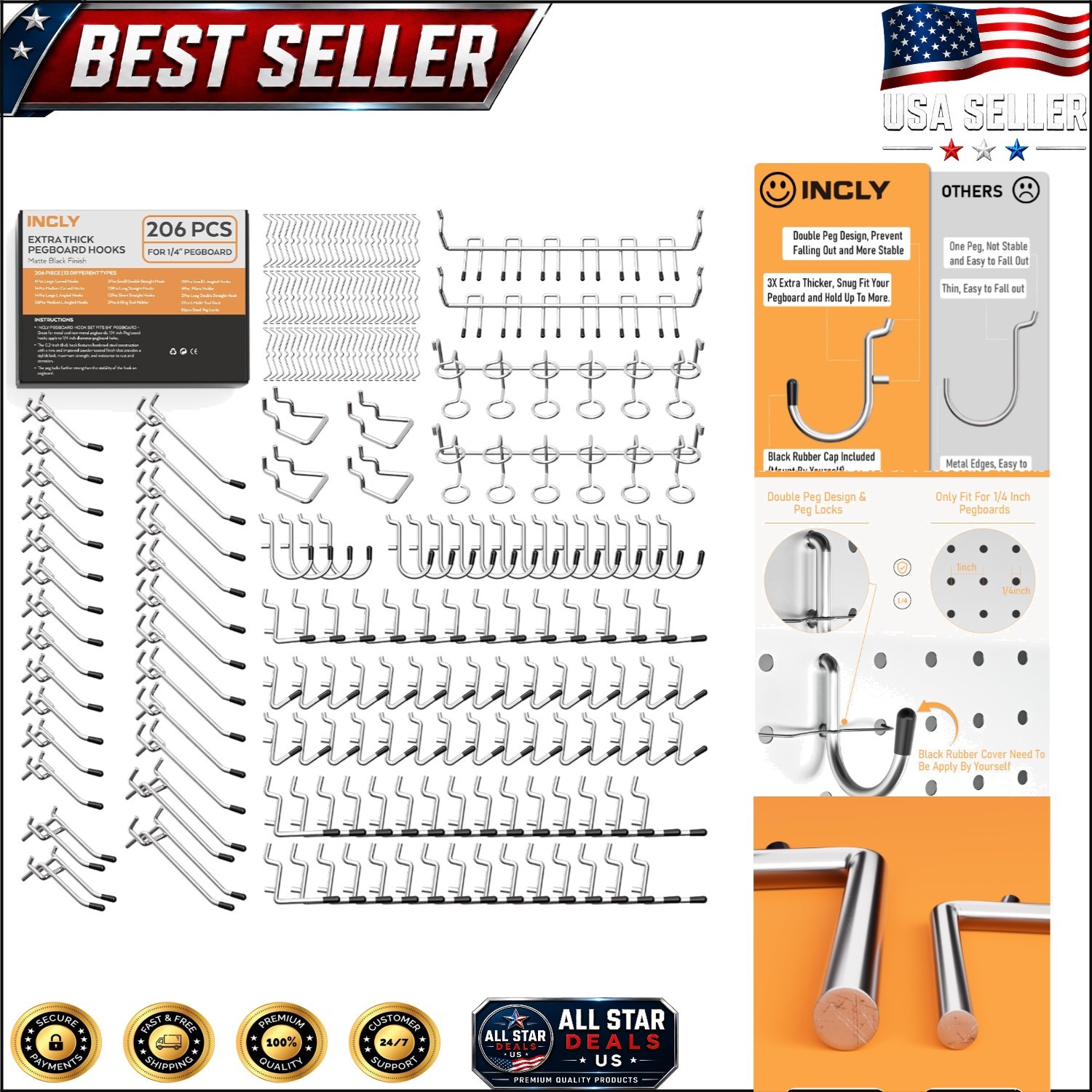 206-Piece Heavy-Duty Chrome Pegboard Hooks Set for Efficient Tool Organization