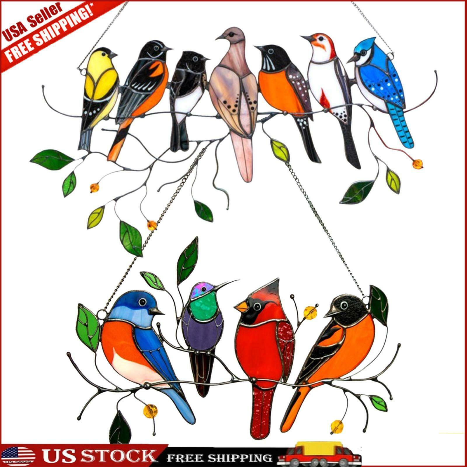 Multicolor Birds Suncatcher Stained Panel w/Chain for Glass Window Hanging Decor