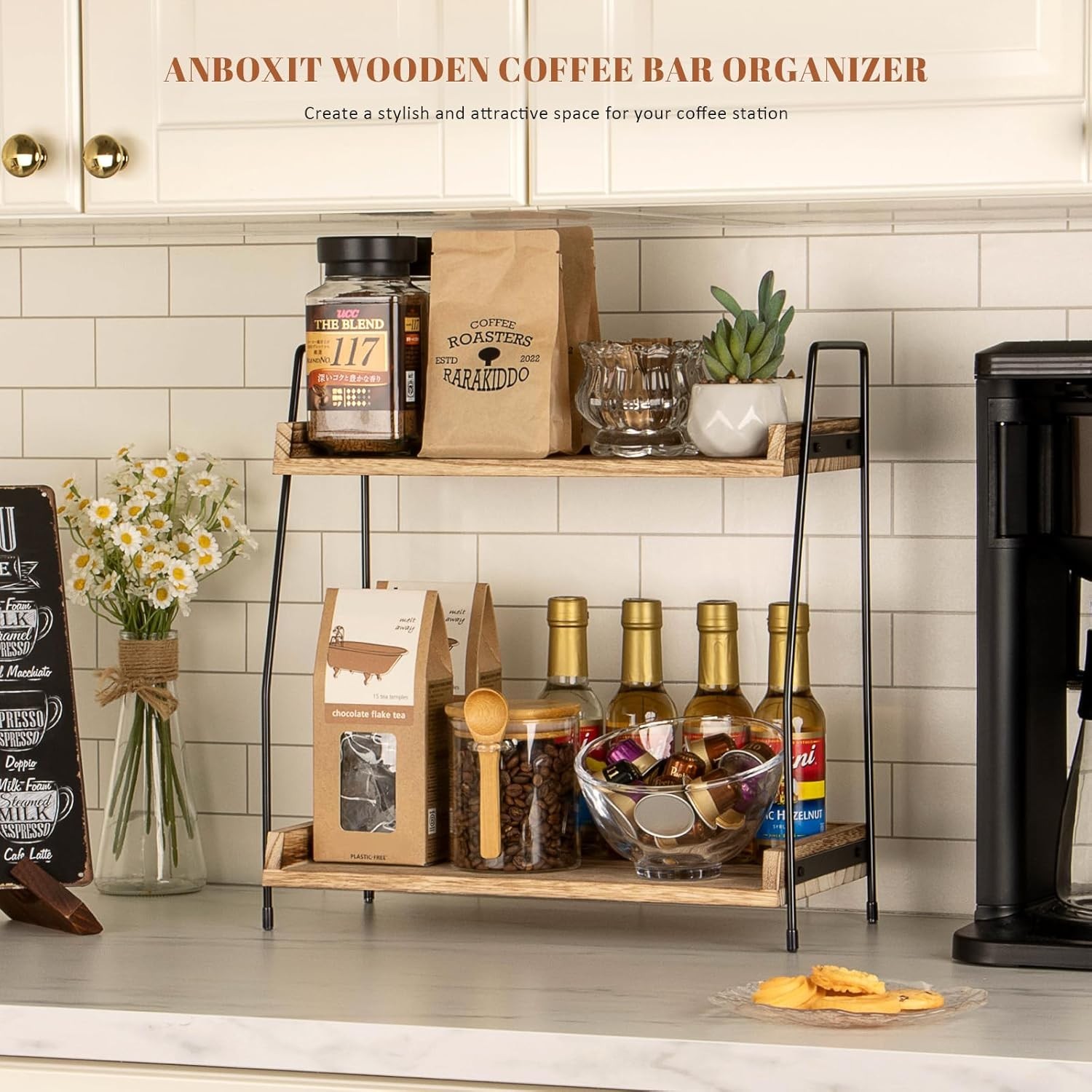 Versatile Coffee Station Organizer - 2-Tier Wooden Caddy for Kitchen Essentials
