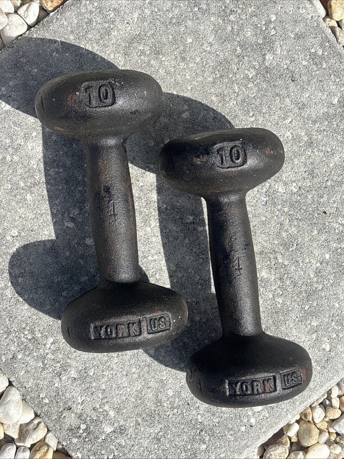 Vintage York 10lb Dumbbells Cast Iron Bun Dumbbell USA Weight Lifting Rare Pair