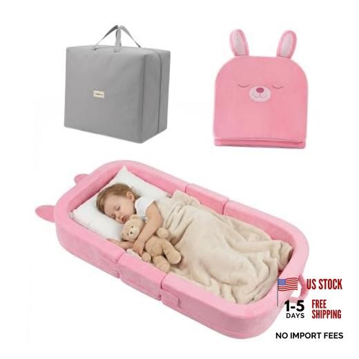 Pink Bunny Toddler Travel Bed with Storage Bag & Storage Bag