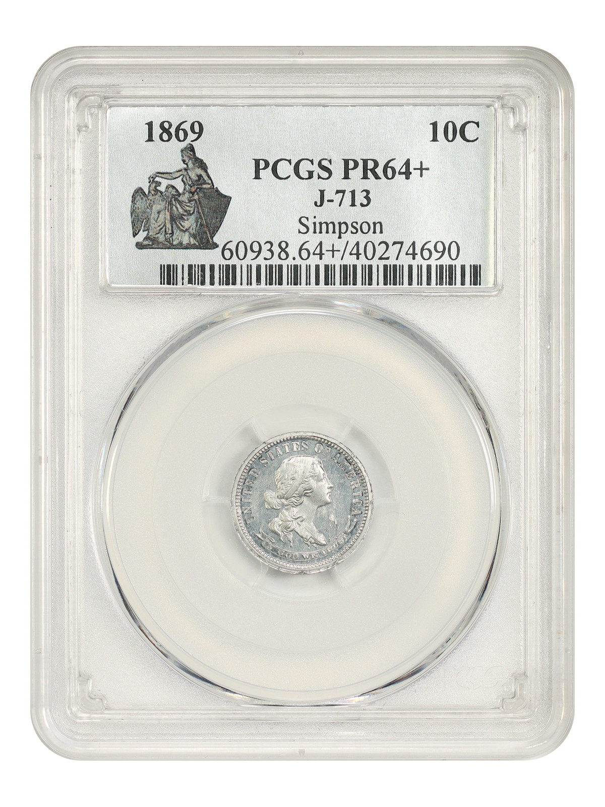 Pattern: 1869 10C PCGS PR64+ (J-713) ex: Simpson - Patterns