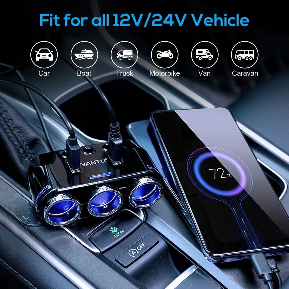 5-in-1 3Way Car Cigarette Lighter Socket Splitter Fast Charger Power Adapter 12V