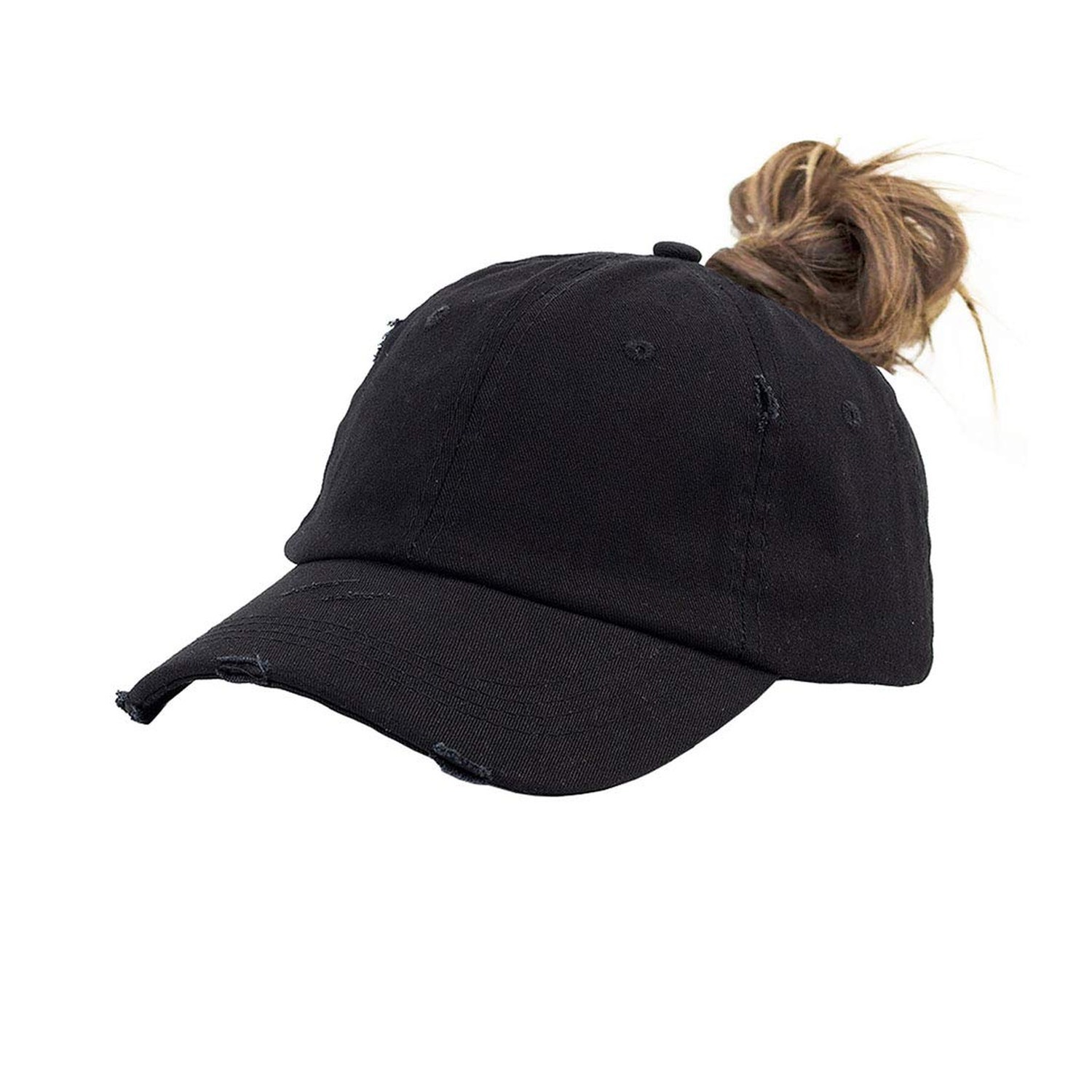 Ponytail Baseball Hat Distressed Retro Washed Womens Twill Medium All Black