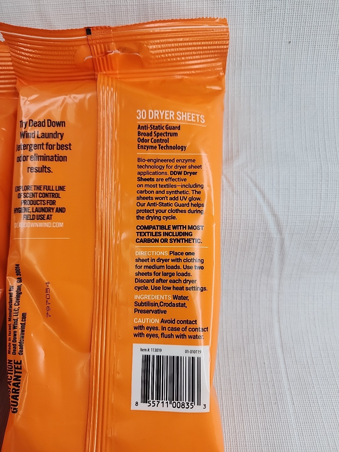 2 DEAD DOWN WIND UNSCENTED DRYER SHEETS ODORLESS ODOR FIGHTING ENZYMES 30 CT EA.