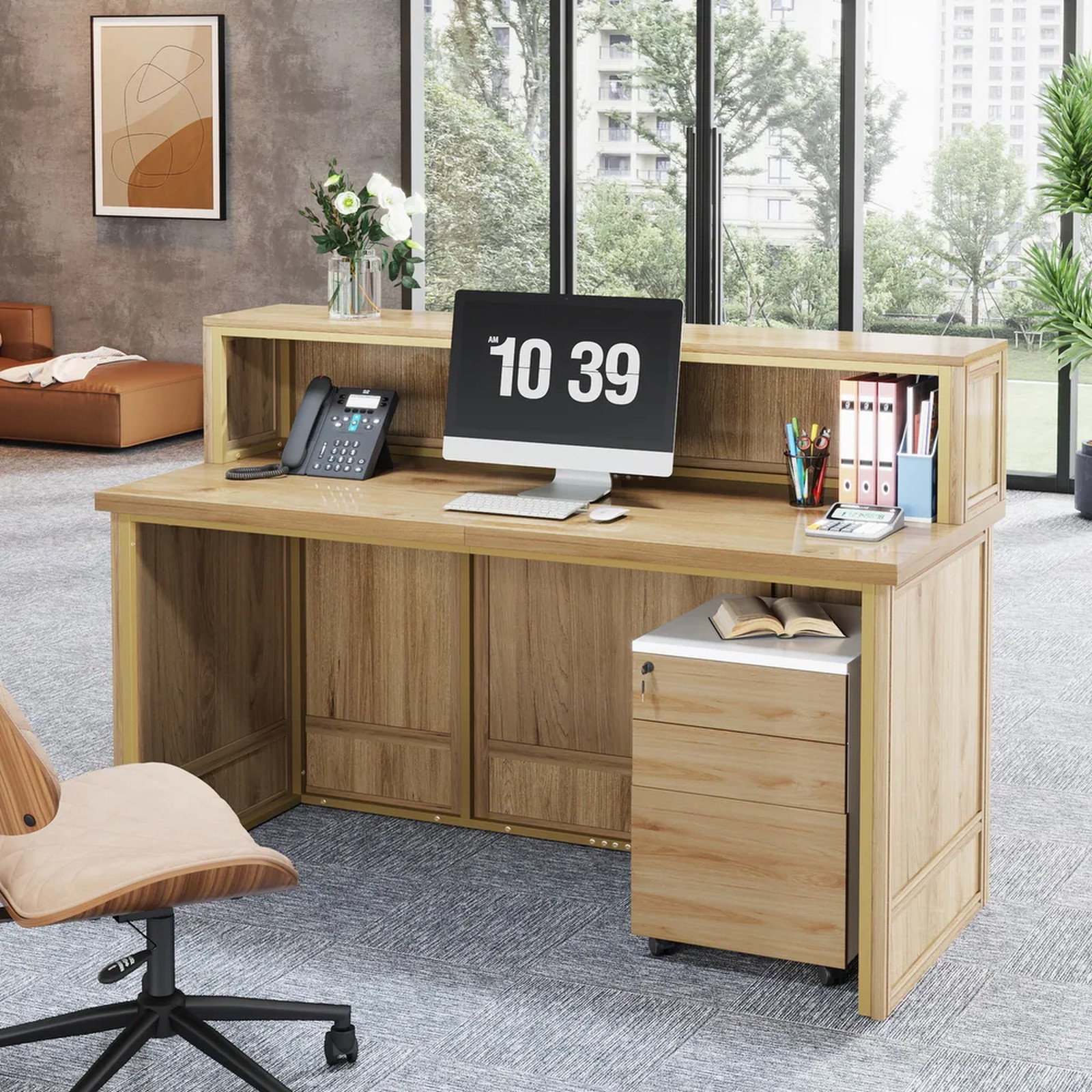 Modern Reception Desk Front Counter Receptionist Checkout Counter Oak Large