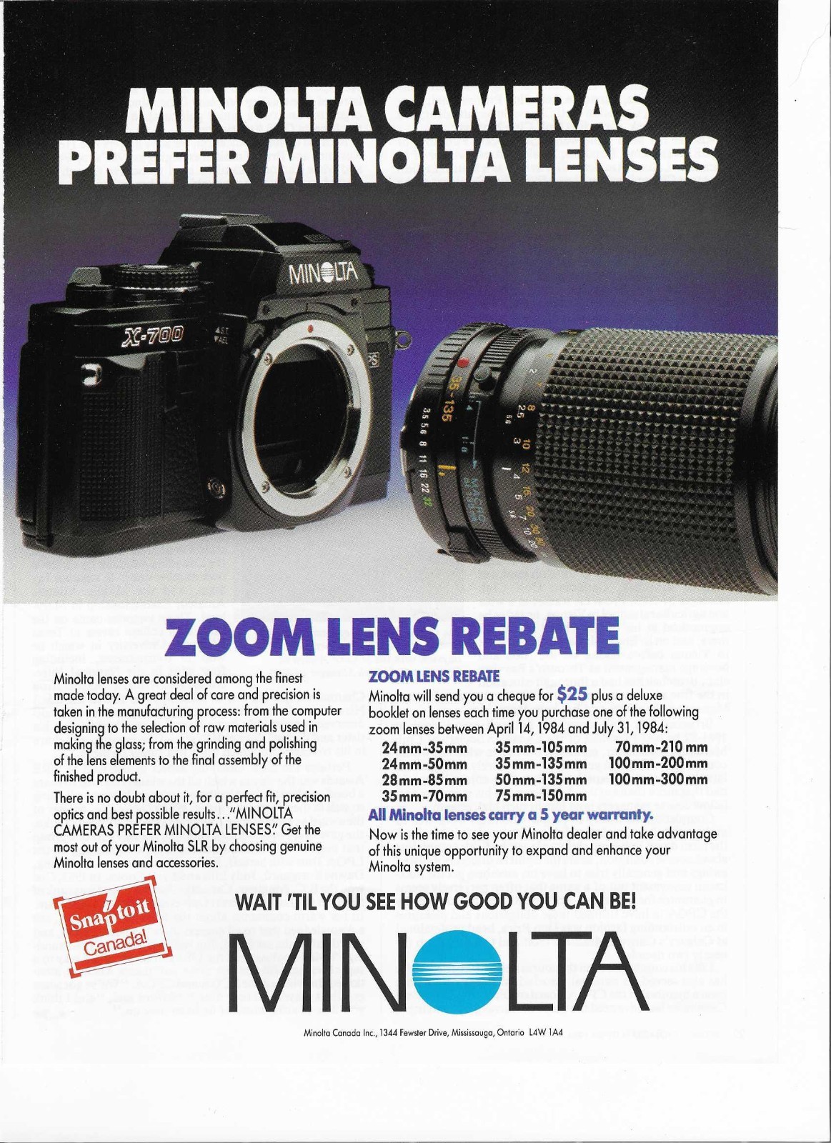 1984 Print Ad Minolta Camera Lense Zoom Lense Mississauga, Ontario