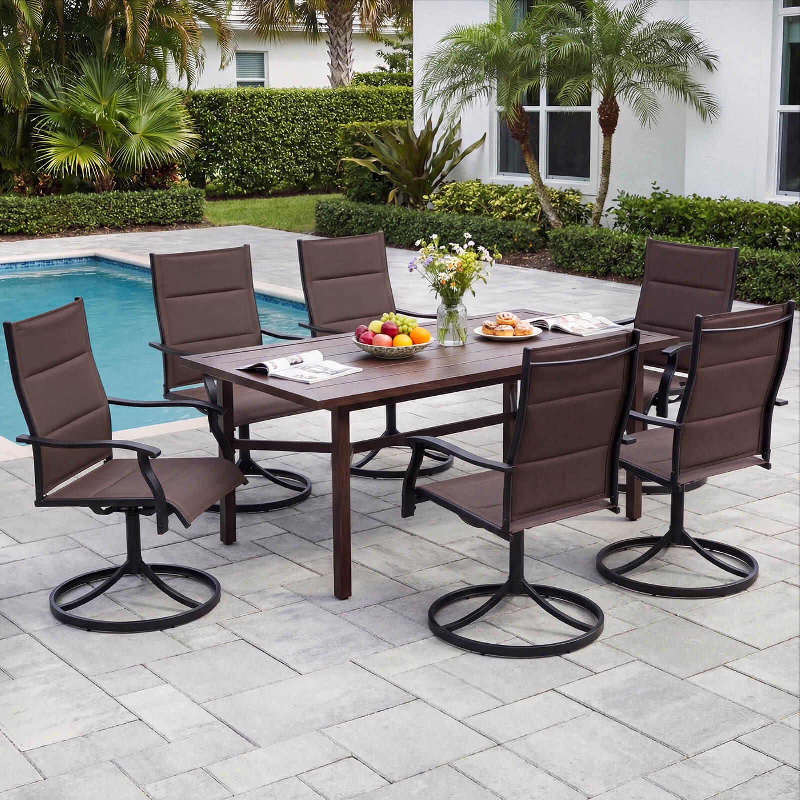 Padded Patio Swivel Chairs Set of 2, Ergonomic Outdoor Dining Chairs w/High Back