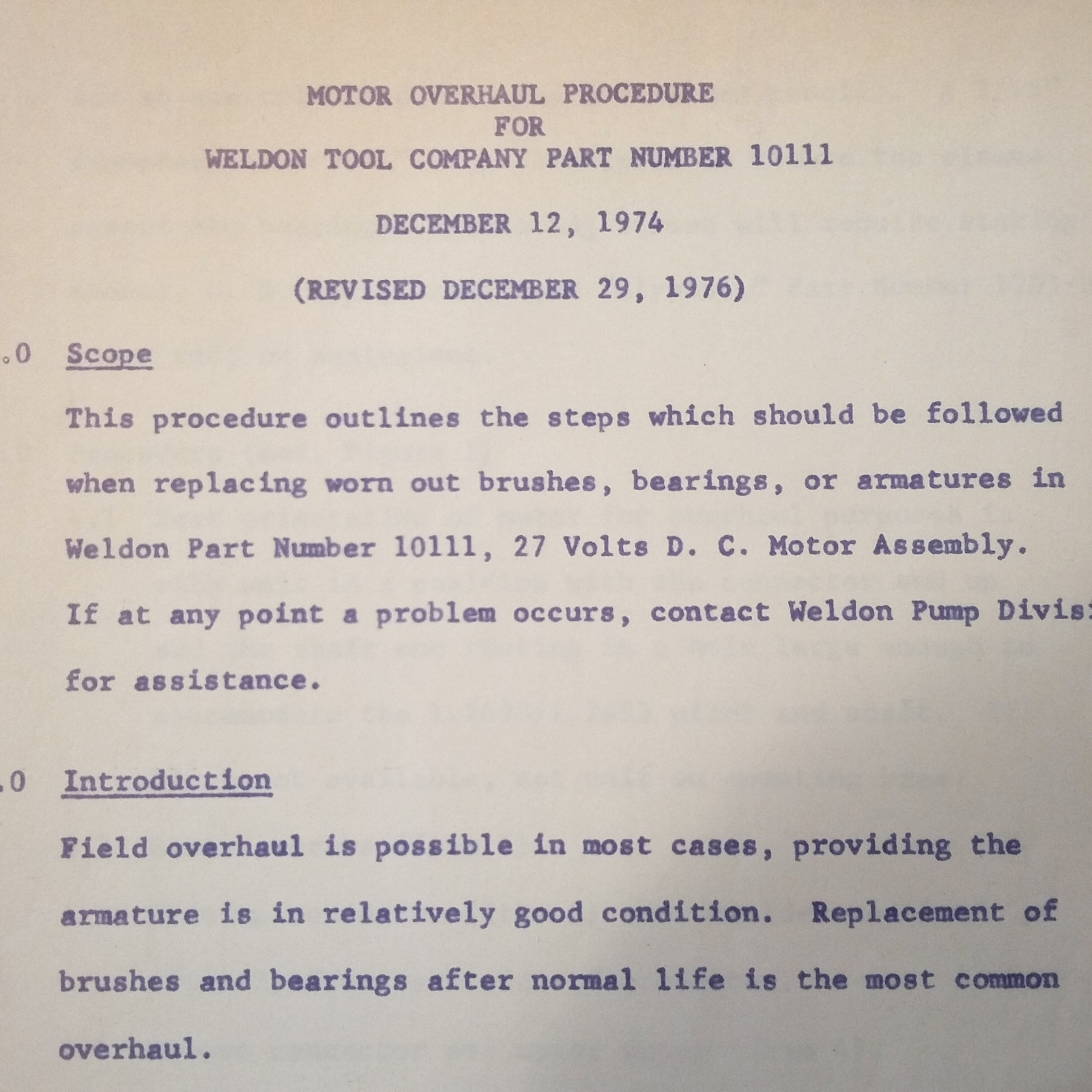 The Weldon Tool Co. 10111 Motor Overhaul Procedure  Manual