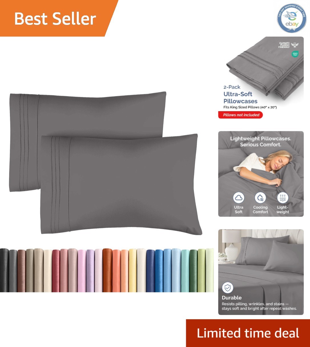King Pillow Case Set of 2 - Ultra Soft, Wrinkle Free, Hotel Quality - Dark Grey