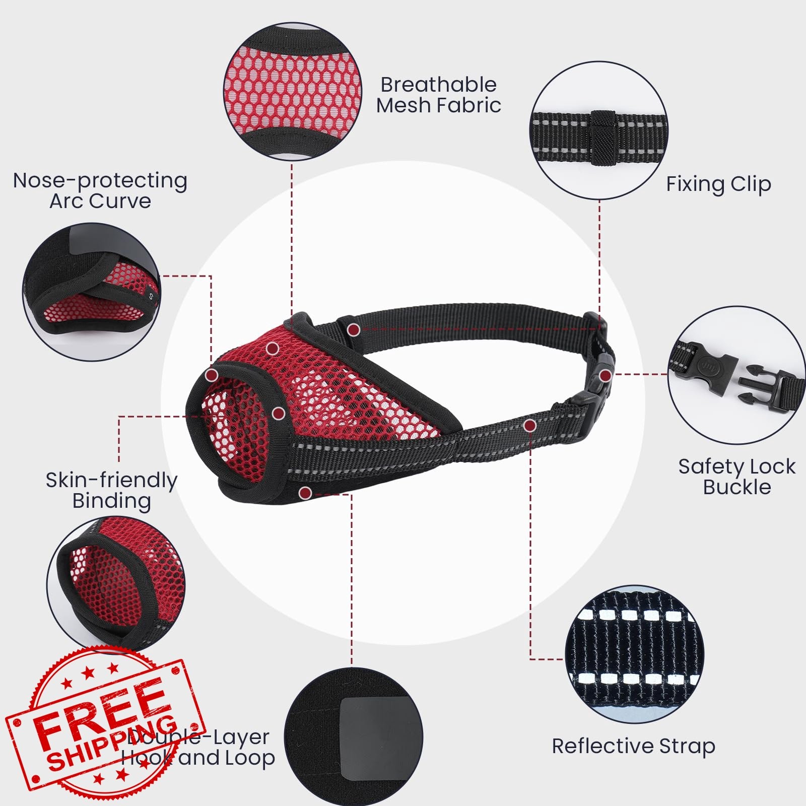 PURRLIA Red L Dog Muzzle Breathable Adjustable Anti Bark Bite